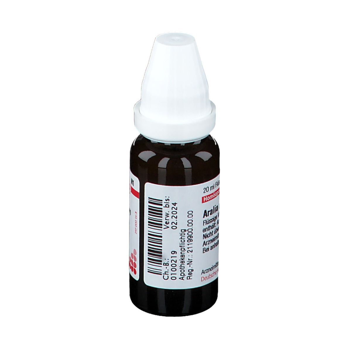 Braune Tropfflasche mit weißem Verschluss. Etikett mit Produktnamen und Informationen. DHU Aralia racemosa D3.