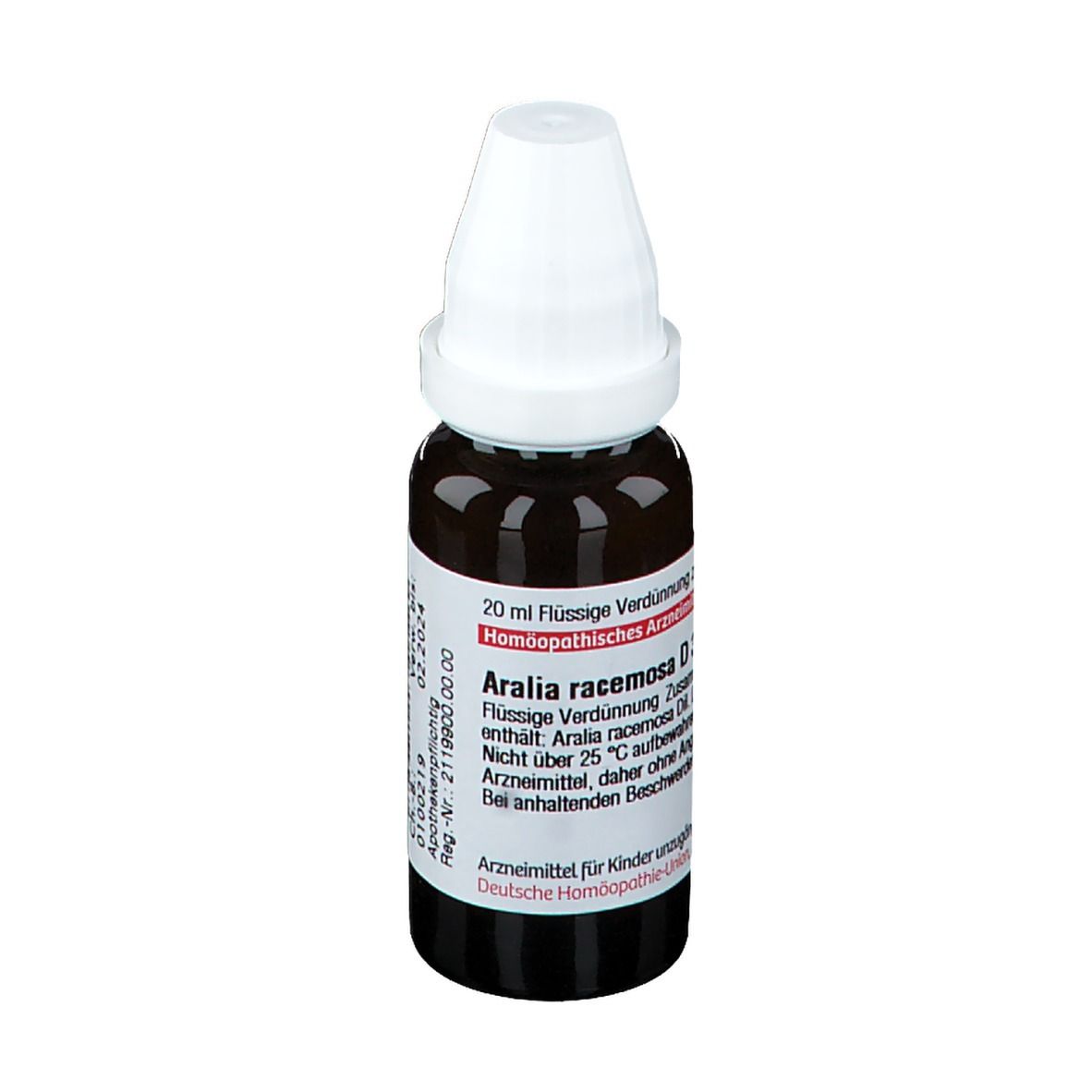 Braune Tropfflasche mit weißem Verschluss. Etikett mit Produktnamen und Informationen. DHU Aralia racemosa D3.
