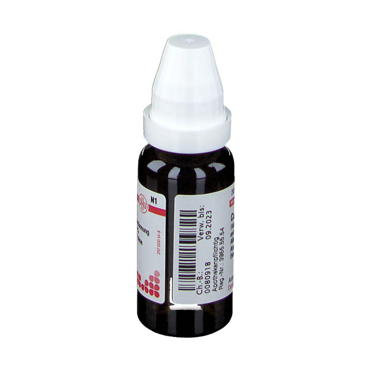 Braune Glasflasche mit weißem Verschluss. Etikett mit Text und Barcode. Verwendbar bis 09.2023.