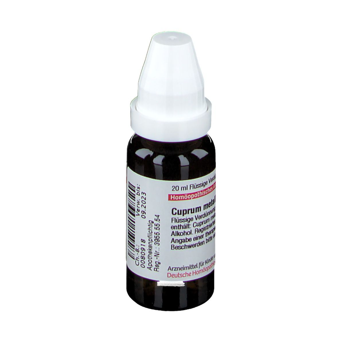 Braune Glasflasche mit weißem Verschluss. Etikett mit Text: Cuprum metallicum, 20 ml flüssige Verdünnung. Verwendbar bis 09.2023.