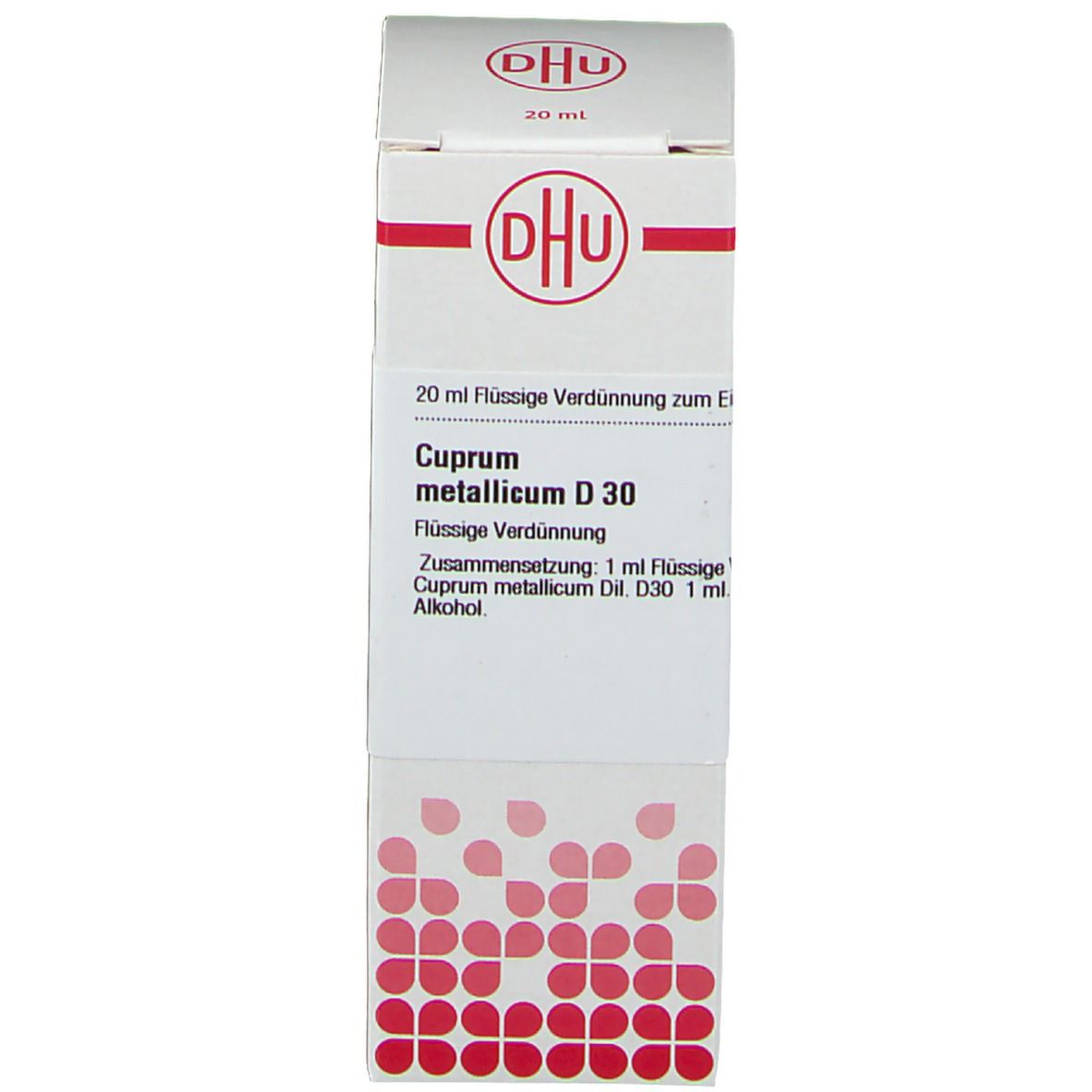 Weiße Verpackung mit Text: Cuprum metallicum D 30, 20 ml flüssige Verdünnung. DHU Logo.