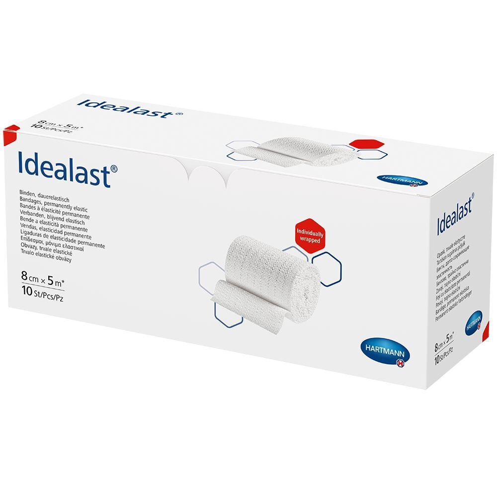 Weiße Verpackung mit Idealast-Bandagen. Aufdrucke: Idealast, Hartmann, 8cm x 5m, 10 Stück.