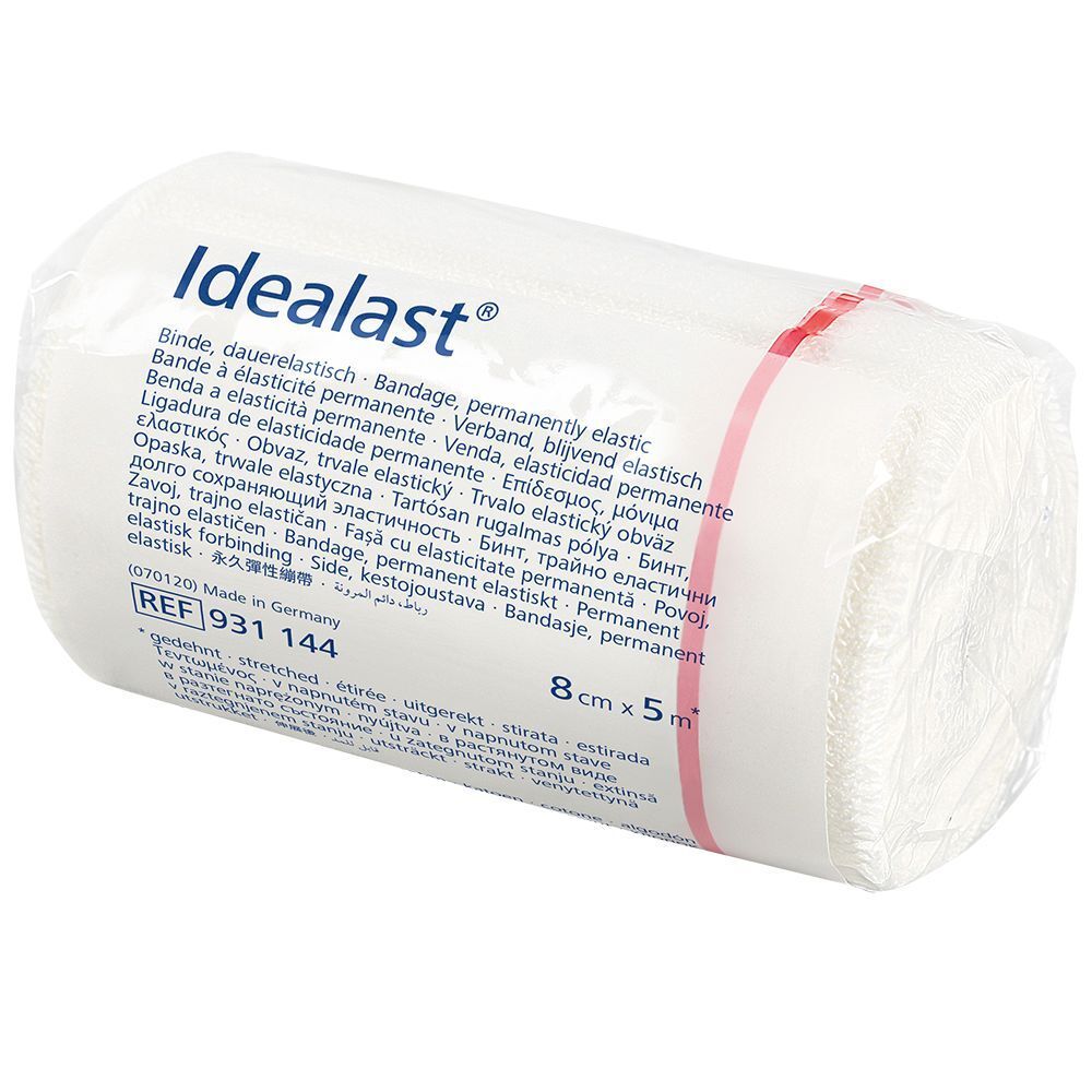 Gerollte, weiße Idealast-Bandage in Folie. Aufdruck: Idealast, 8cm x 5m.