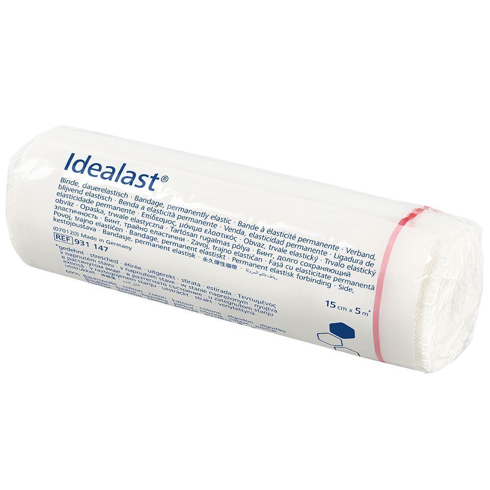 Idealast-Binde in Verpackung. Weiß, mit Produktaufdruck. 15cm x 5m. Roter Streifen. Hartmann-Logo sichtbar.