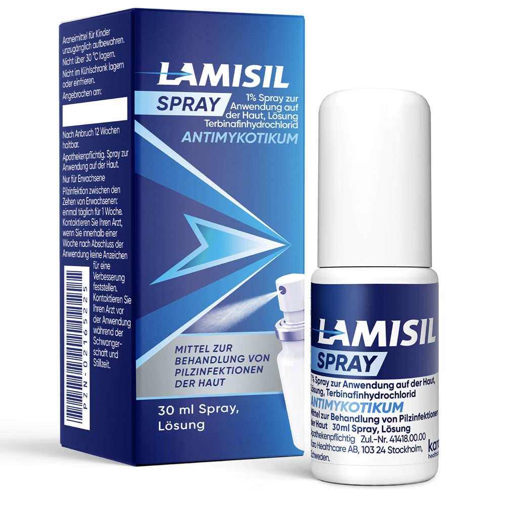 Lamisil Spray und Verpackung. Antimykotikum zur Behandlung von Fußpilz. 30 ml Lösung.