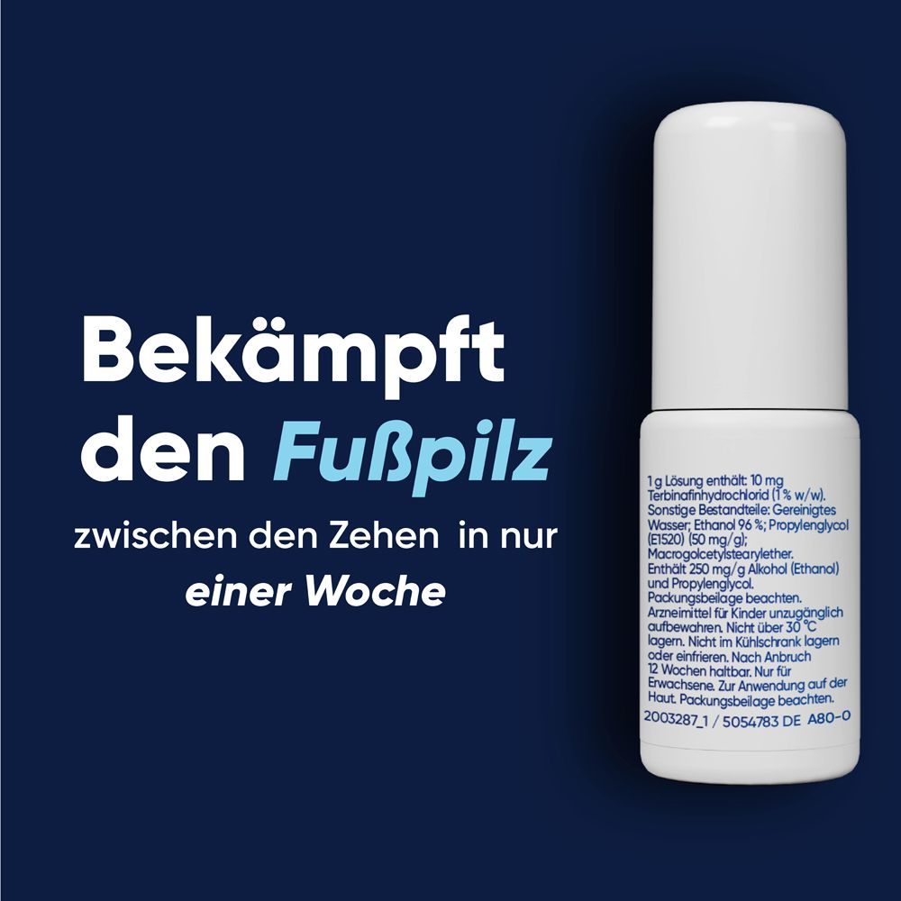 Sprayflasche mit Text: Bekämpft Fußpilz zwischen den Zehen in nur einer Woche. Inhaltsstoffe.