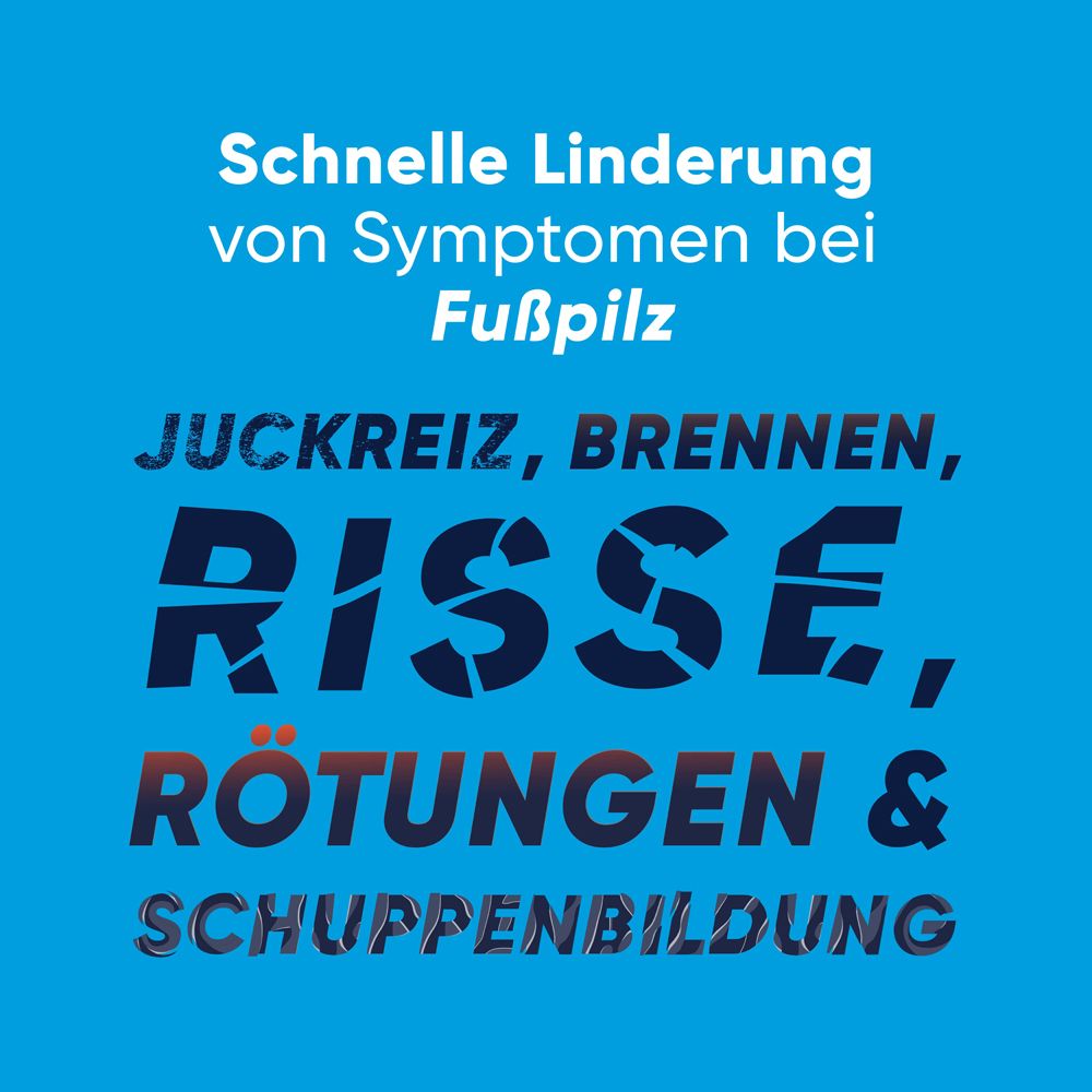 Blauer Hintergrund mit Text: Schnelle Linderung von Symptomen bei Fußpilz. Juckreiz, Brennen, Risse, Rötungen & Schuppenbildung.