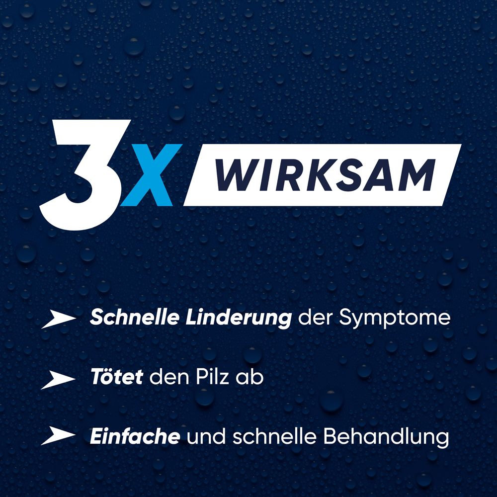 Blauer Hintergrund mit Text: 3x wirksam. Schnelle Linderung der Symptome. Tötet den Pilz ab. Einfache und schnelle Behandlung.