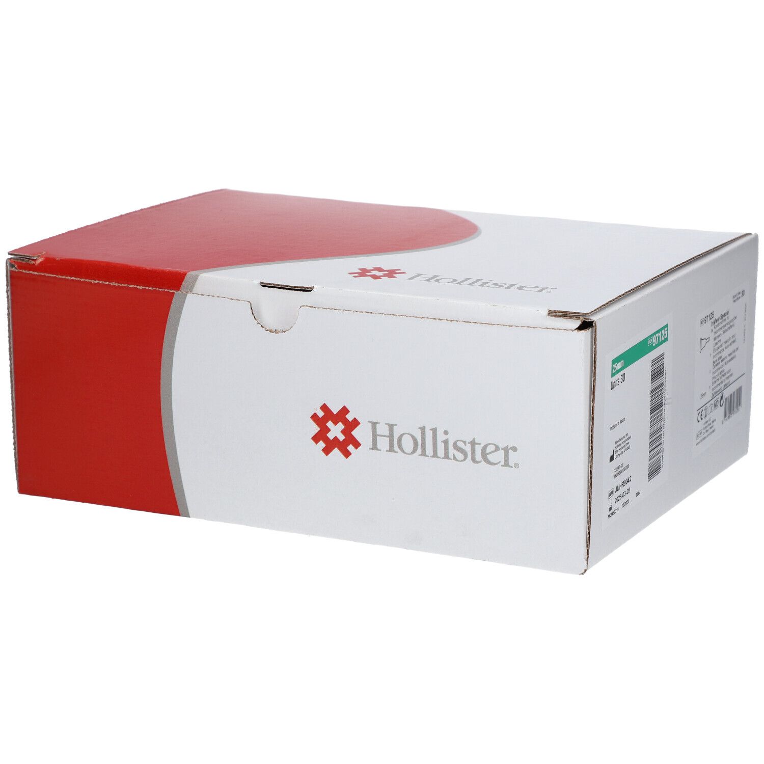 Karton mit roter und weißer Farbgebung. Das Hollister-Logo ist auf der Vorderseite sichtbar.