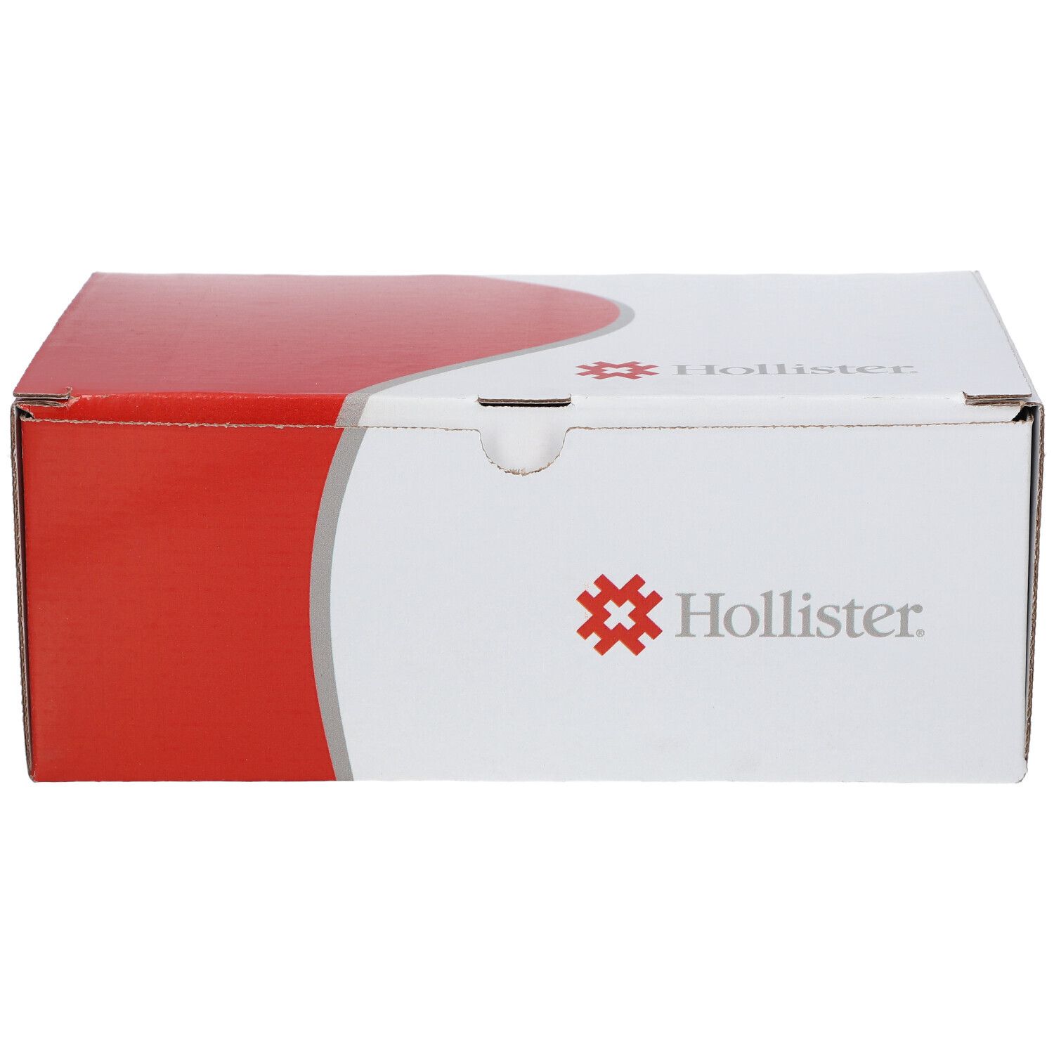 Karton mit roter und weißer Farbgebung. Das Hollister-Logo ist auf der Vorderseite sichtbar.