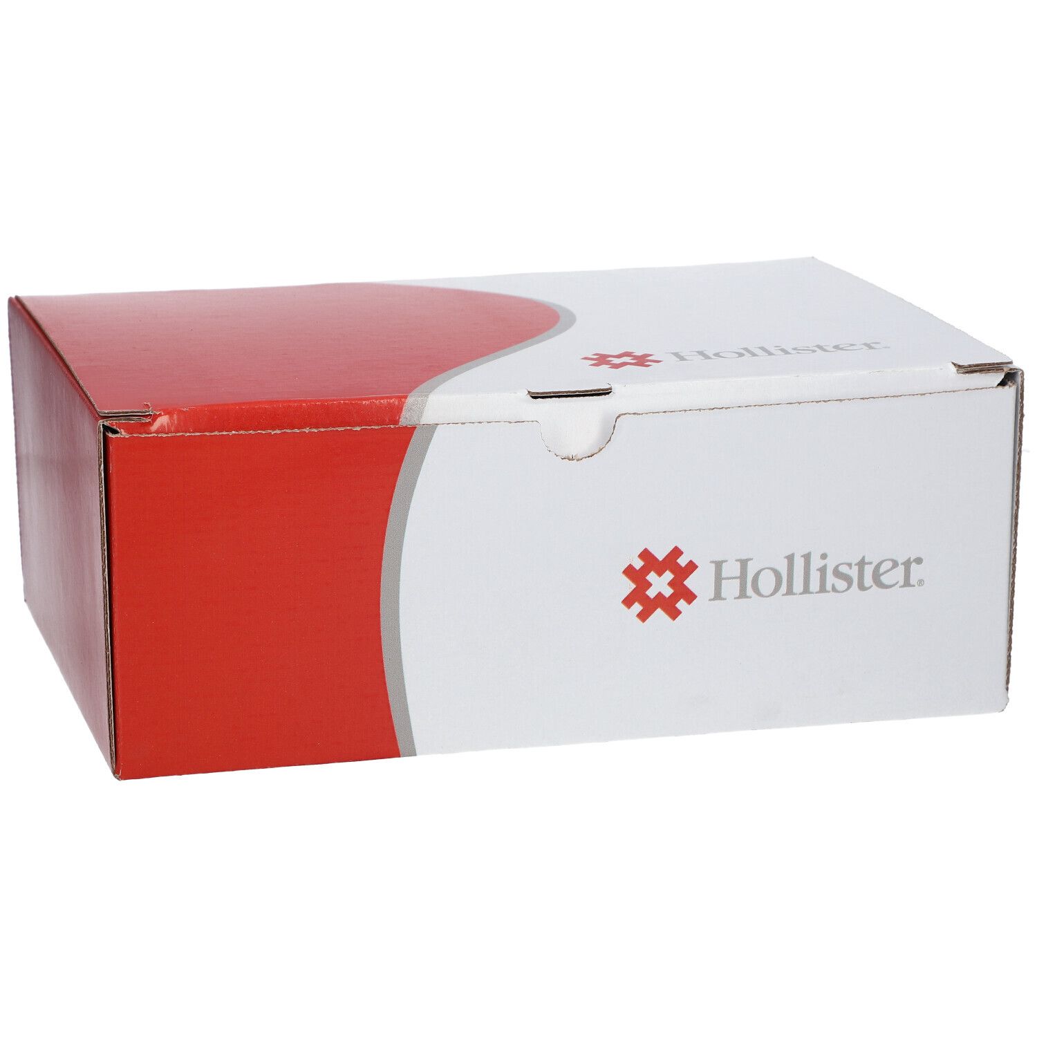 Karton mit roter und weißer Farbgebung. Das Hollister-Logo ist auf der Vorderseite sichtbar.