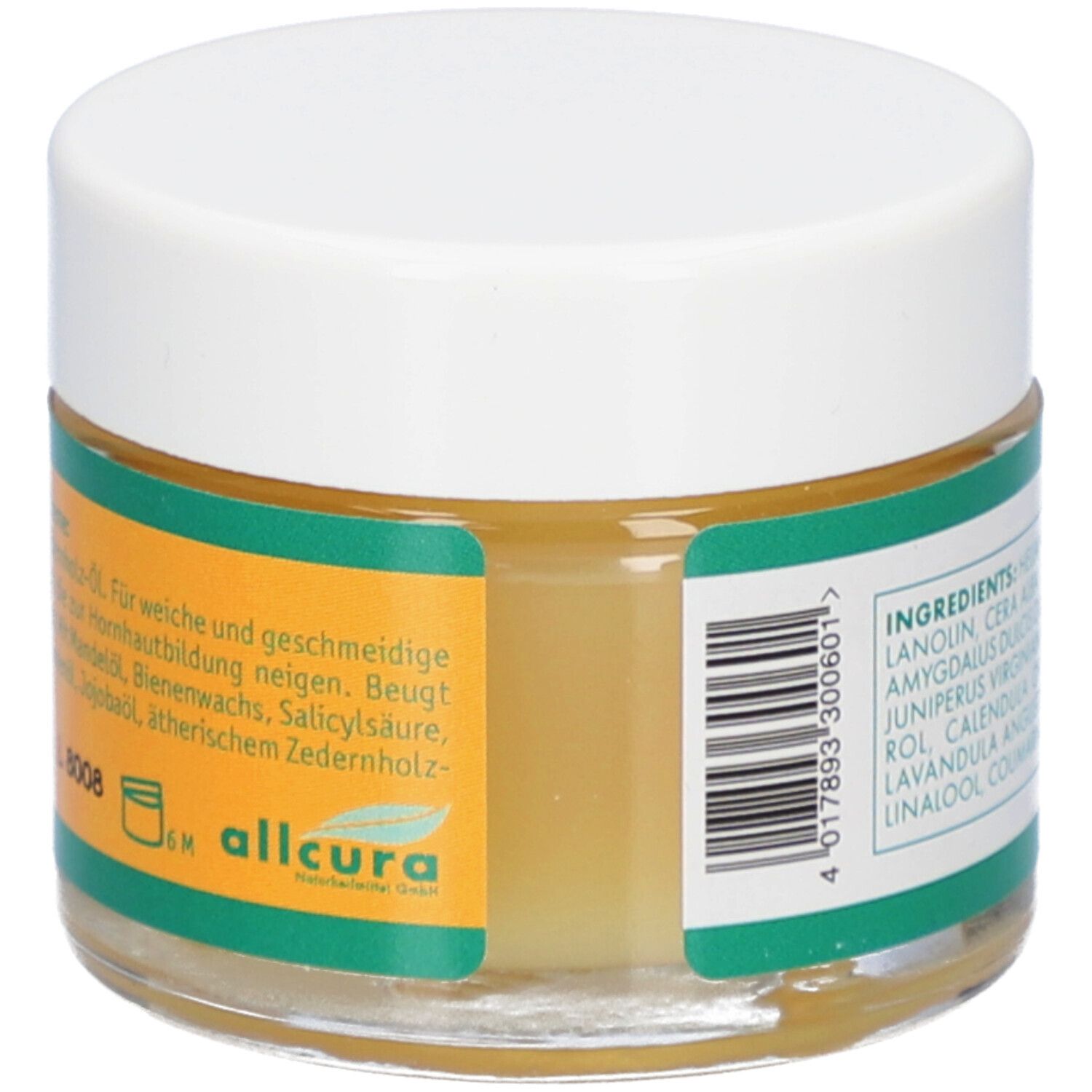 Rückseite des Balsamka Hornhaut-Balsam. Glas mit weißem Deckel. Grüne Etiketten mit Text und Barcode. Text: Für weiche und geschmeidige Haut... allcura.