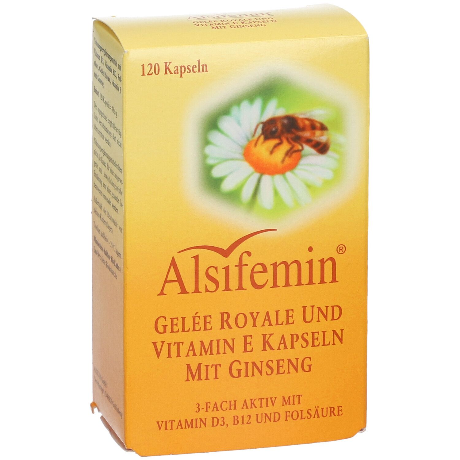 Gelbe Schachtel, leicht schräg. Text: Alsifemin®, Gelée Royale, Vitamin E, Ginseng, 120 Kapseln.