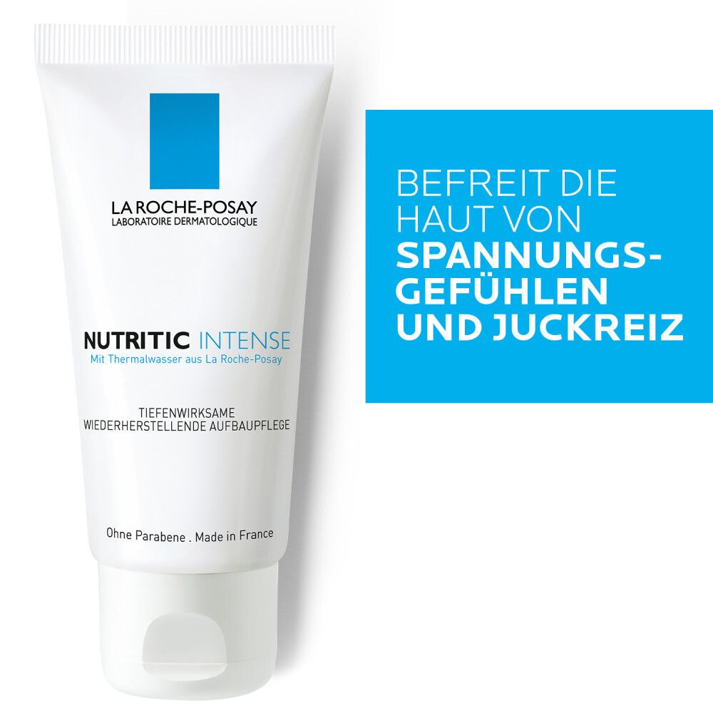 Weiße Tube mit blauem Rechteck und Schriftzug. Text: Befreit die Haut von Spannungsgefühlen und Juckreiz.