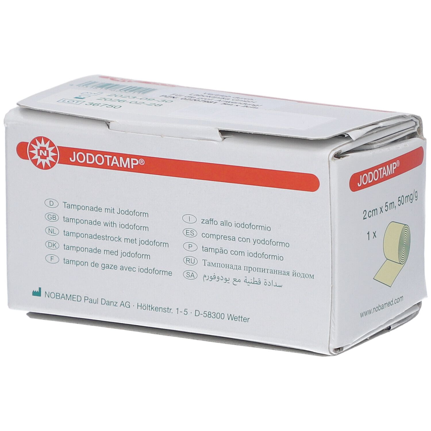 JODOTAMP® Tamponatestreifen in weißer Verpackung. Roter Streifen mit Logo. Sterile Kennzeichnung.