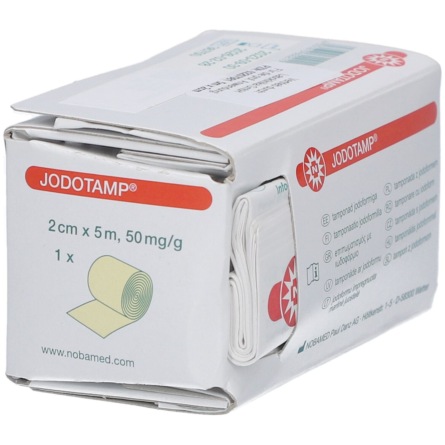 JODOTAMP®-Verpackung. Geöffnet, Tamponstreifen sichtbar. Rote Streifen, Logo. Produktinformationen.