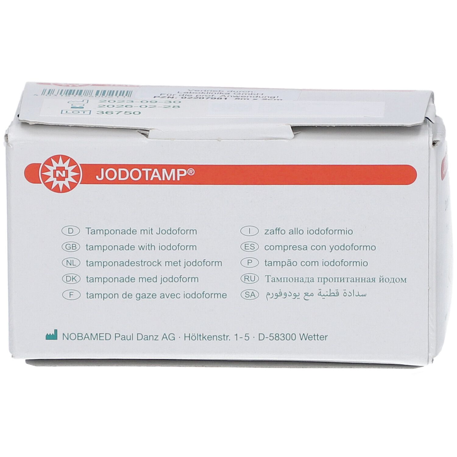 JODOTAMP®-Verpackung. Roter Streifen mit Logo. Produktinformationen. Sterile Kennzeichnung.