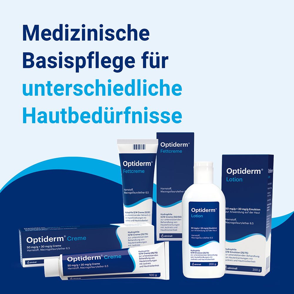 Optiderm Creme, Lotion und Feticreme in verschiedenen Verpackungen.