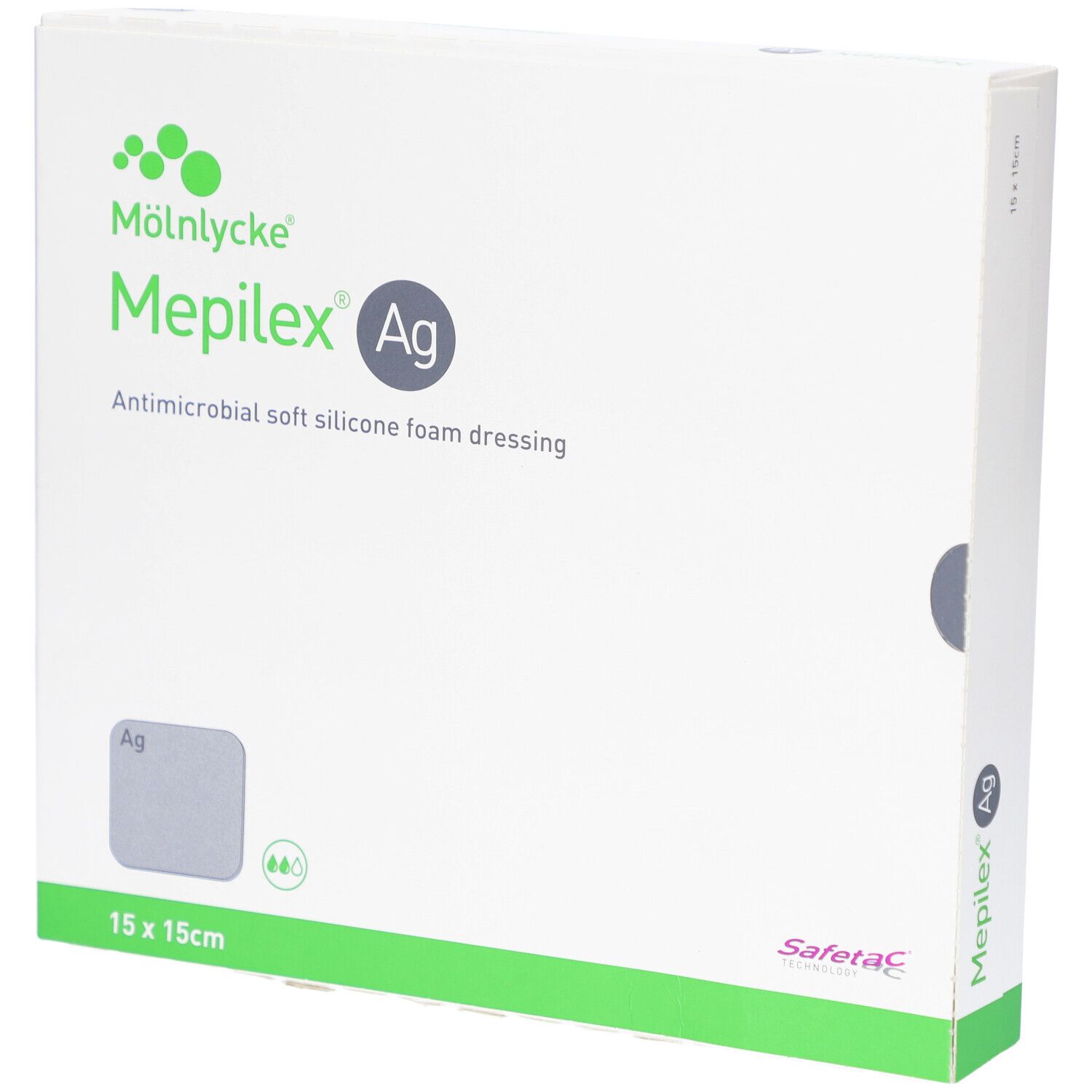 Verpackung von Mepilex Ag. Antimikrobieller weicher Silikonschaumverband. Größe 15x15cm.