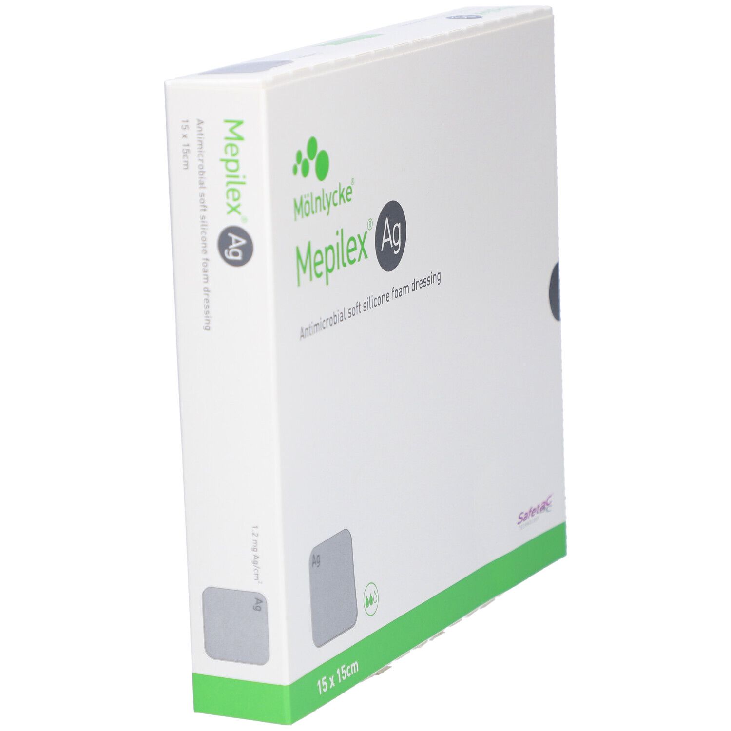 Verpackung von Mepilex Ag. Antimikrobieller weicher Silikonschaumverband. Größe 15x15cm.