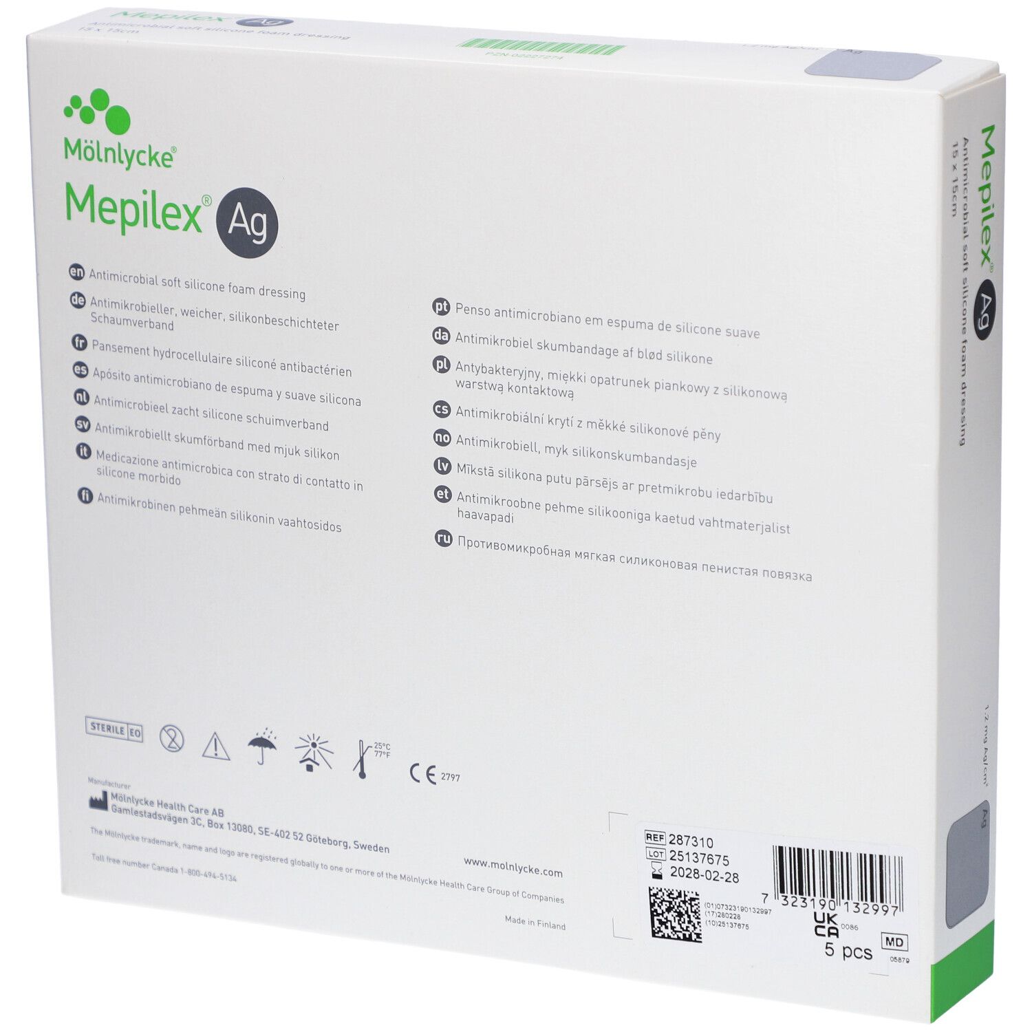 Rückseite der Mepilex Ag Verpackung. Enthält Produktinformationen und Symbole. 5 Stück.