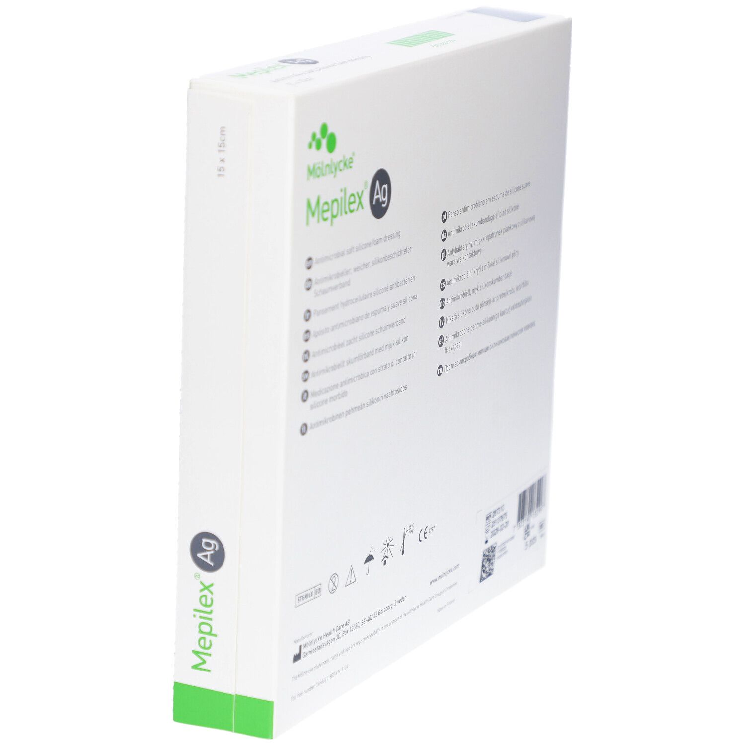 Mepilex Ag Verpackung. Antimikrobieller weicher Silikonschaumverband. Größe 15x15cm.