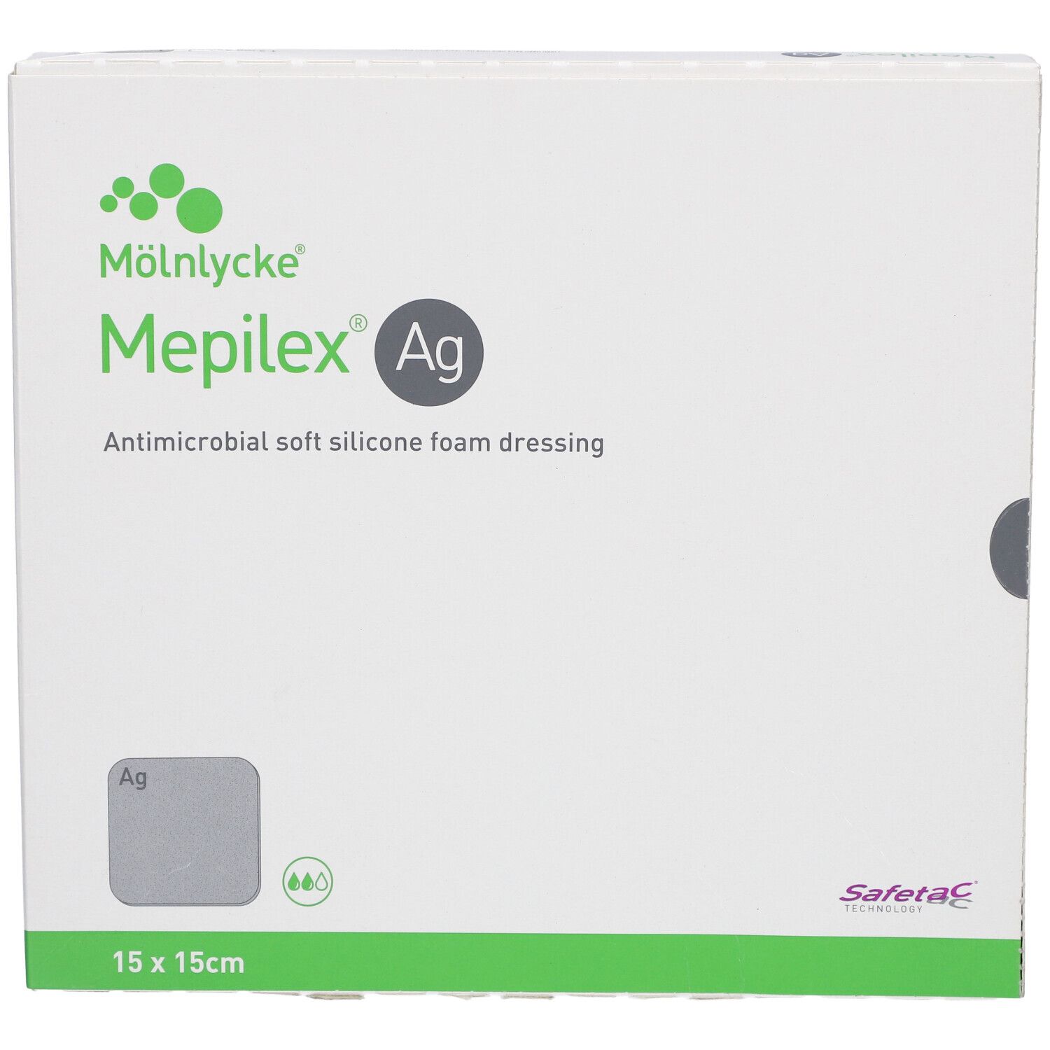 Verpackung von Mepilex Ag. Antimikrobieller weicher Silikonschaumverband. Größe 15x15cm.
