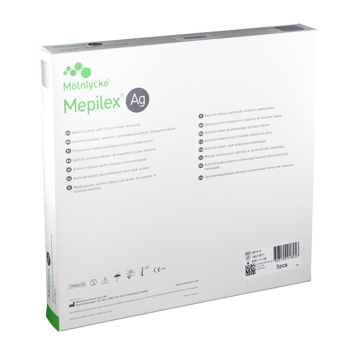 Rückseite der Mepilex Ag Verpackung. Informationen zur antimikrobiellen Wundauflage. Enthält 5 Stück. Symbole für Handhabung und Haltbarkeit.