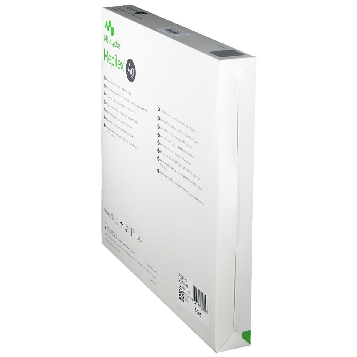 Seitenansicht der Mepilex Ag Verpackung. Informationen zur antimikrobiellen Wundauflage. Grün-weiße Verpackung mit Logo.