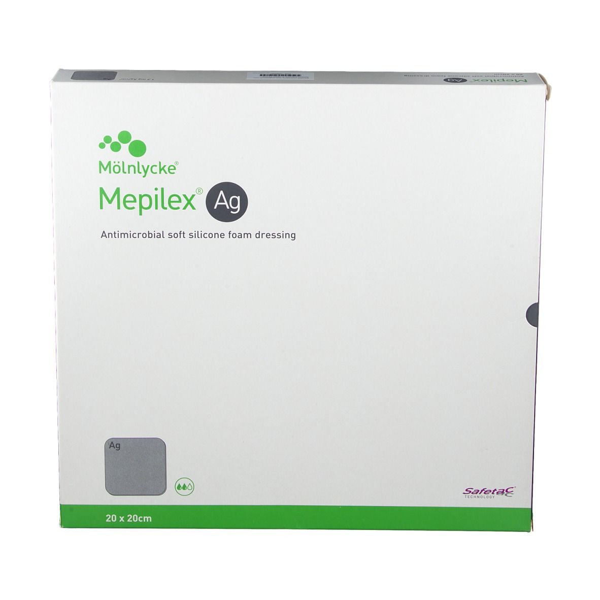Mepilex Ag Verpackung, antimikrobielle weiche Silikonschaumwundauflage. Größe 20 x 20 cm. Grün-weiße Verpackung mit Logo.