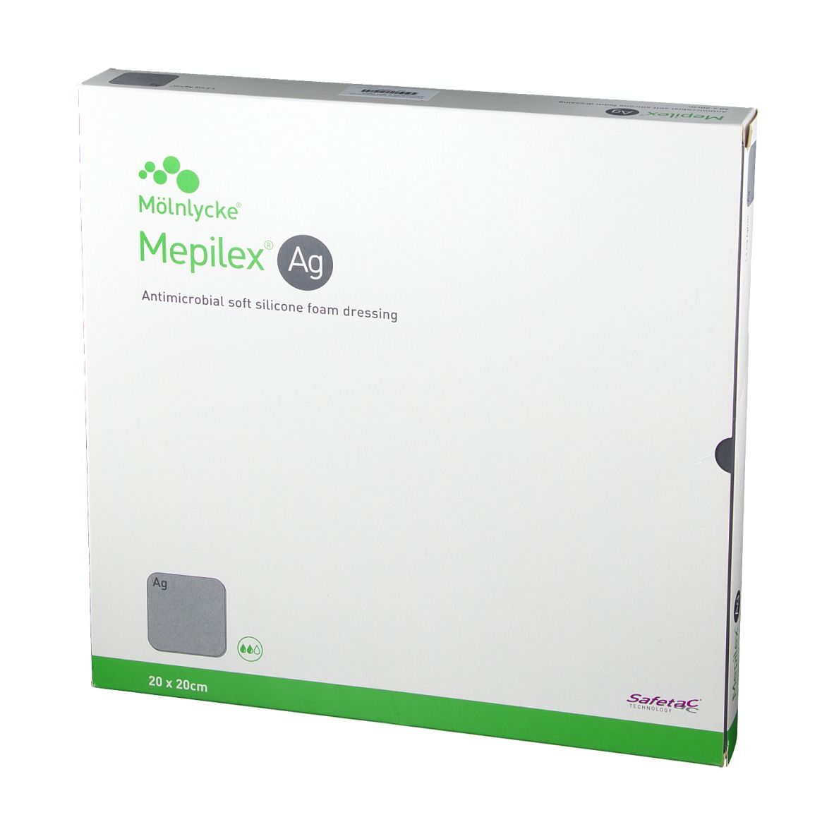 Mepilex Ag Verpackung, antimikrobielle weiche Silikonschaumwundauflage. Größe 20 x 20 cm. Grün-weiße Verpackung mit Logo.