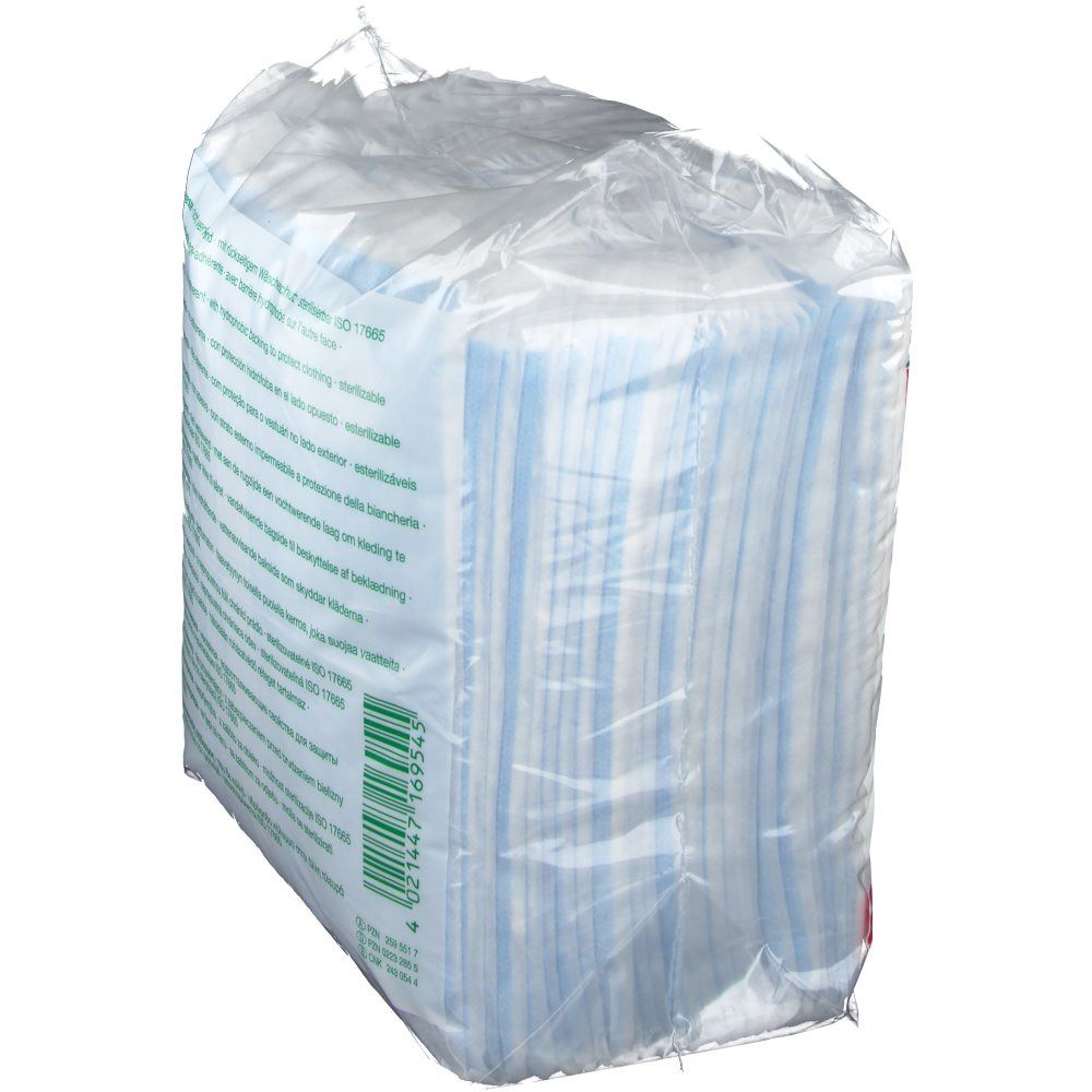 Verpackung mit Vliwazell Kompressen. Rückseite mit Text. ISO 17665.