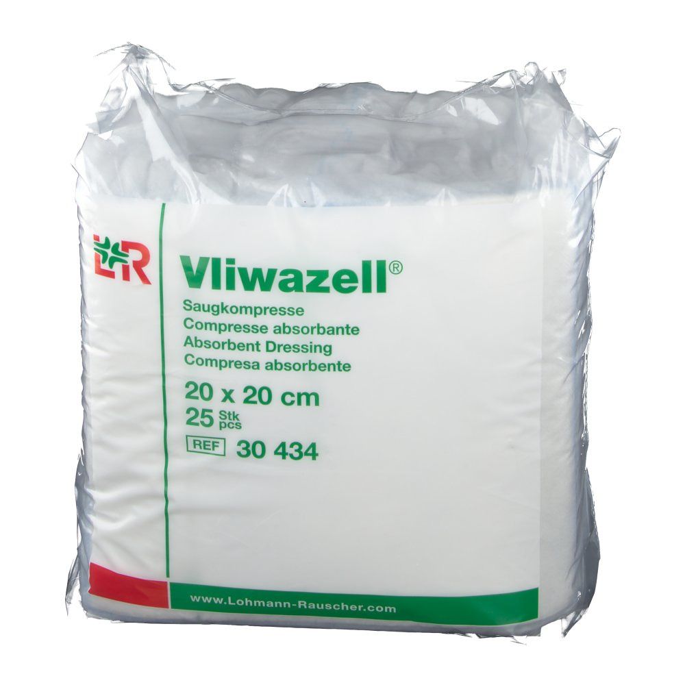 Verpackung mit Vliwazell Kompressen. 20x20cm, 25 Stück. Aufdruck: Saugkompresse, absorbierend.