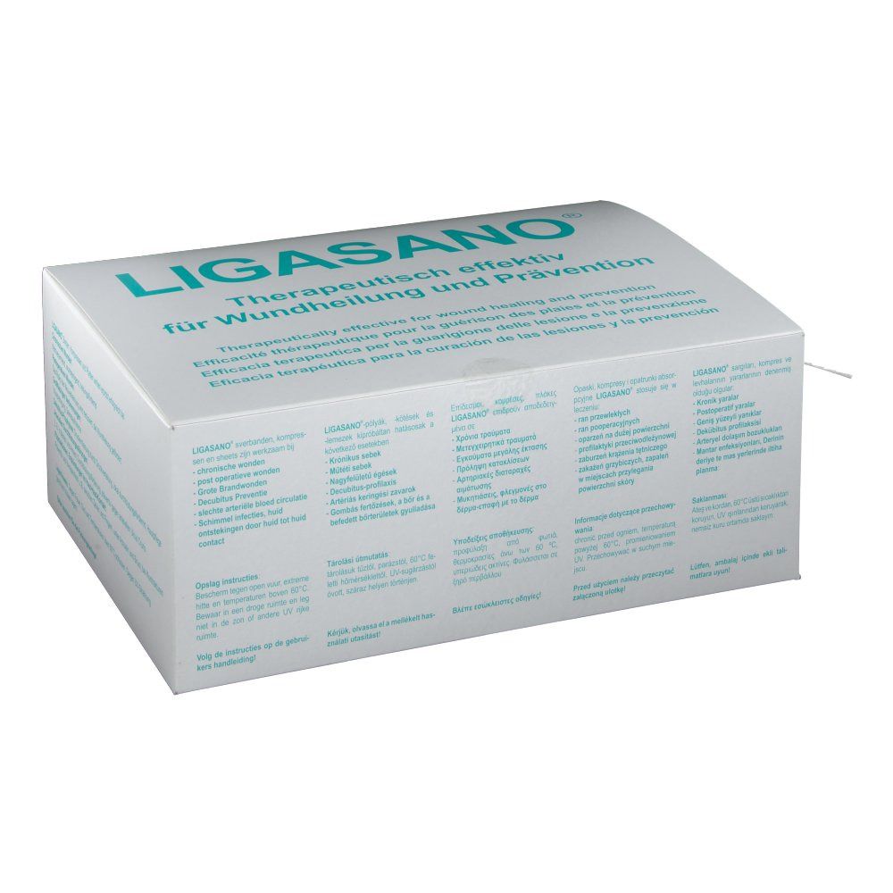 Weißer Karton mit LIGASANO-Logo und Text. Aufschrift: Therapeutisch effektiv für Wundheilung und Prävention.