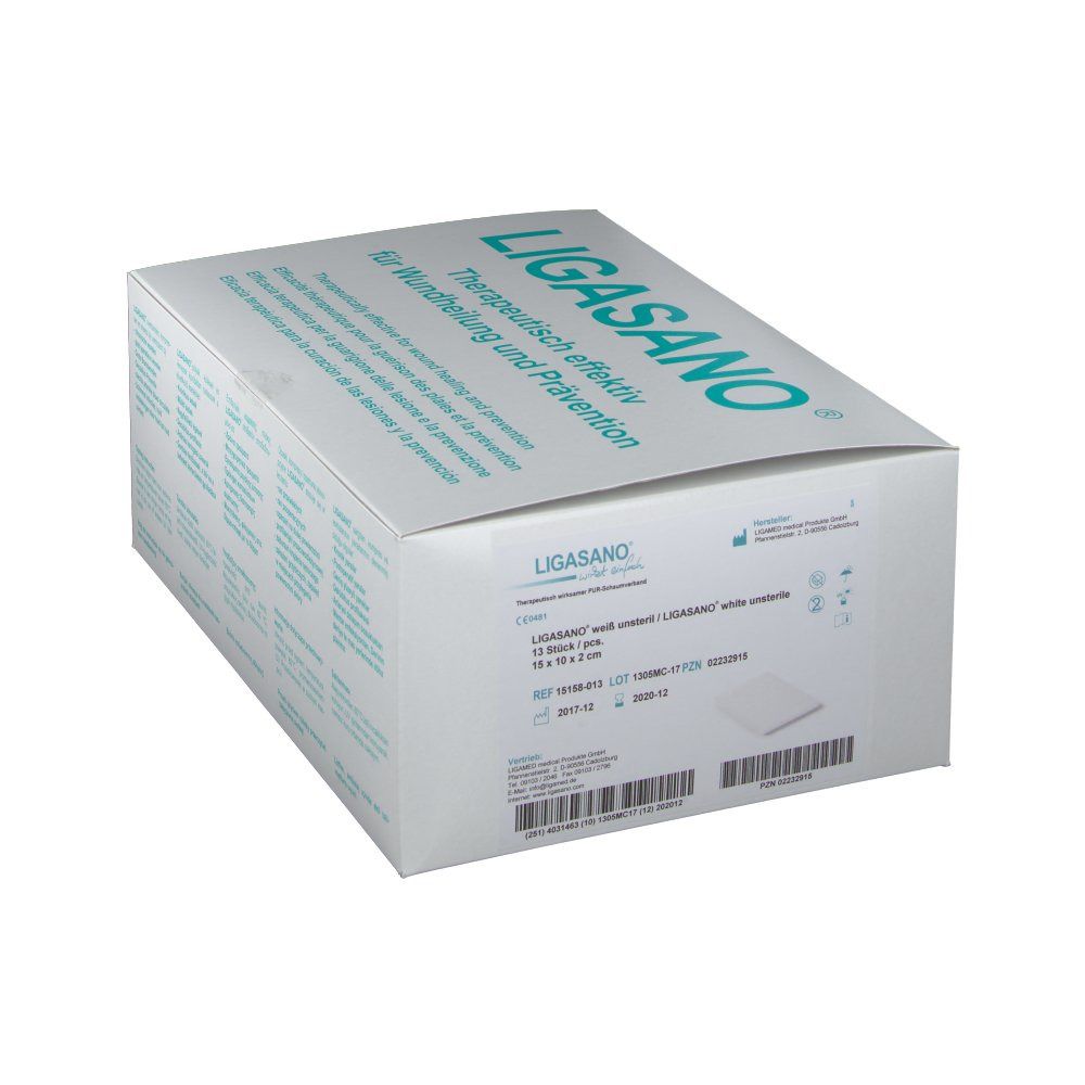 Weißer Karton mit LIGASANO-Logo und Text. Enthält quadratische Wundauflagen. Größe: 10 x 10 cm.
