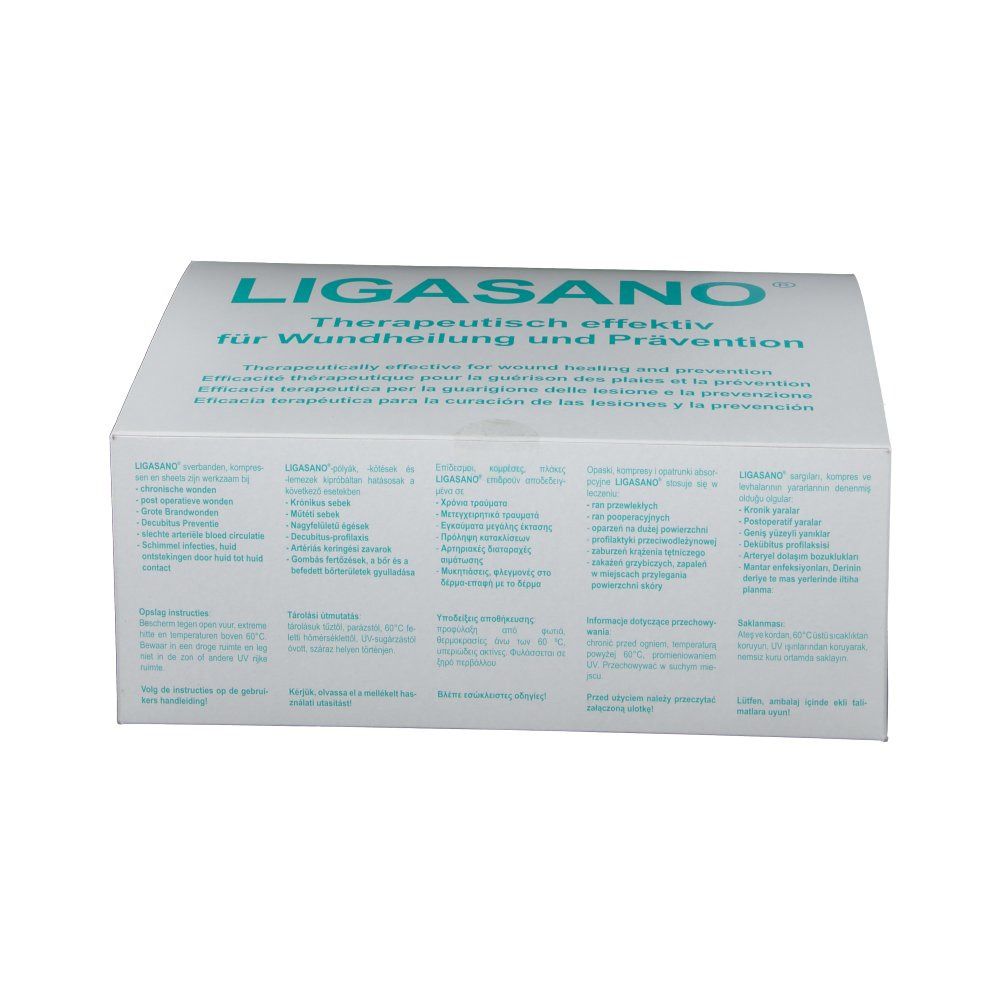 Weißer Karton mit LIGASANO-Logo und Text. Aufschrift: Therapeutisch effektiv für Wundheilung und Prävention.
