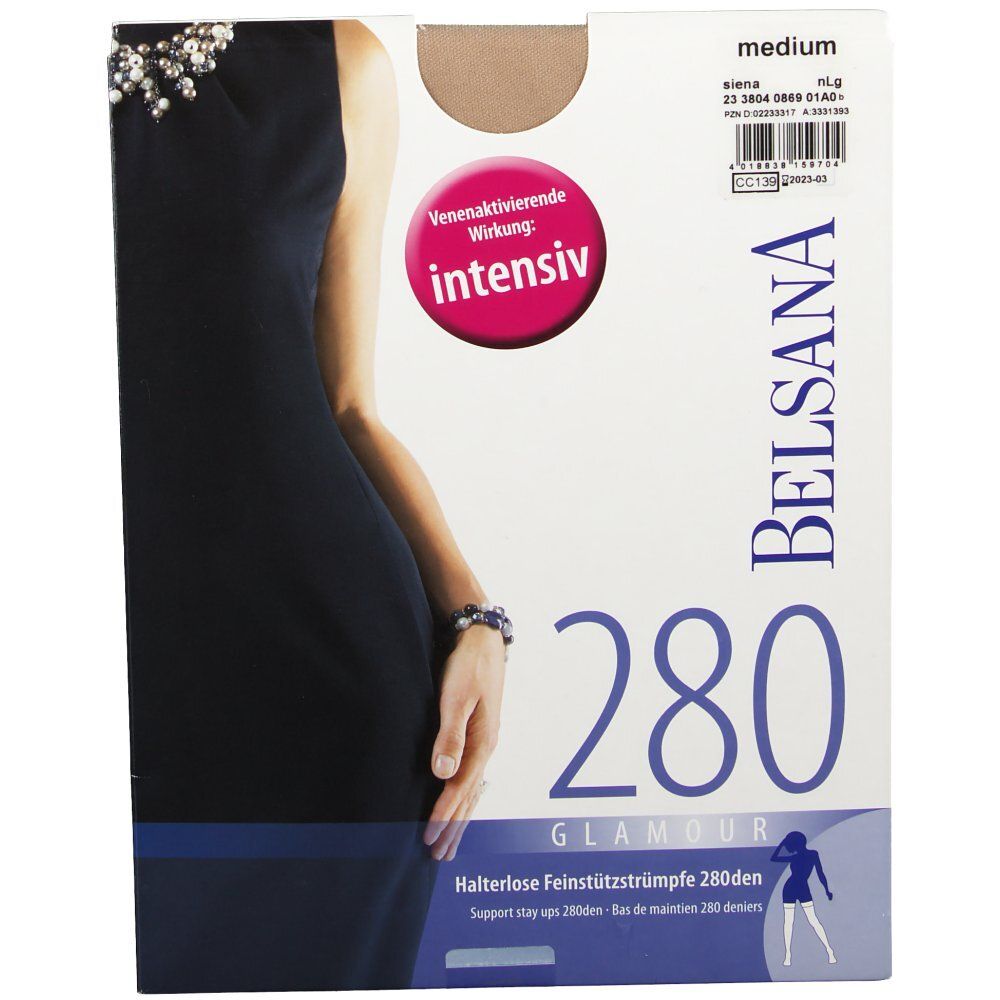 BELSANA Schenkelstrumpf-Verpackung. Farbe siena, Größe medium. 280 den. Venenaktivierend.