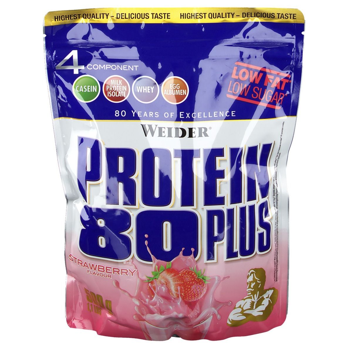 Weider Protein 80 Plus Beutel, Erdbeer-Geschmack. Enthält Casein, Milchprotein, Whey und Ei-Albumin. Aufdruck: 80 Jahre Exzellenz.