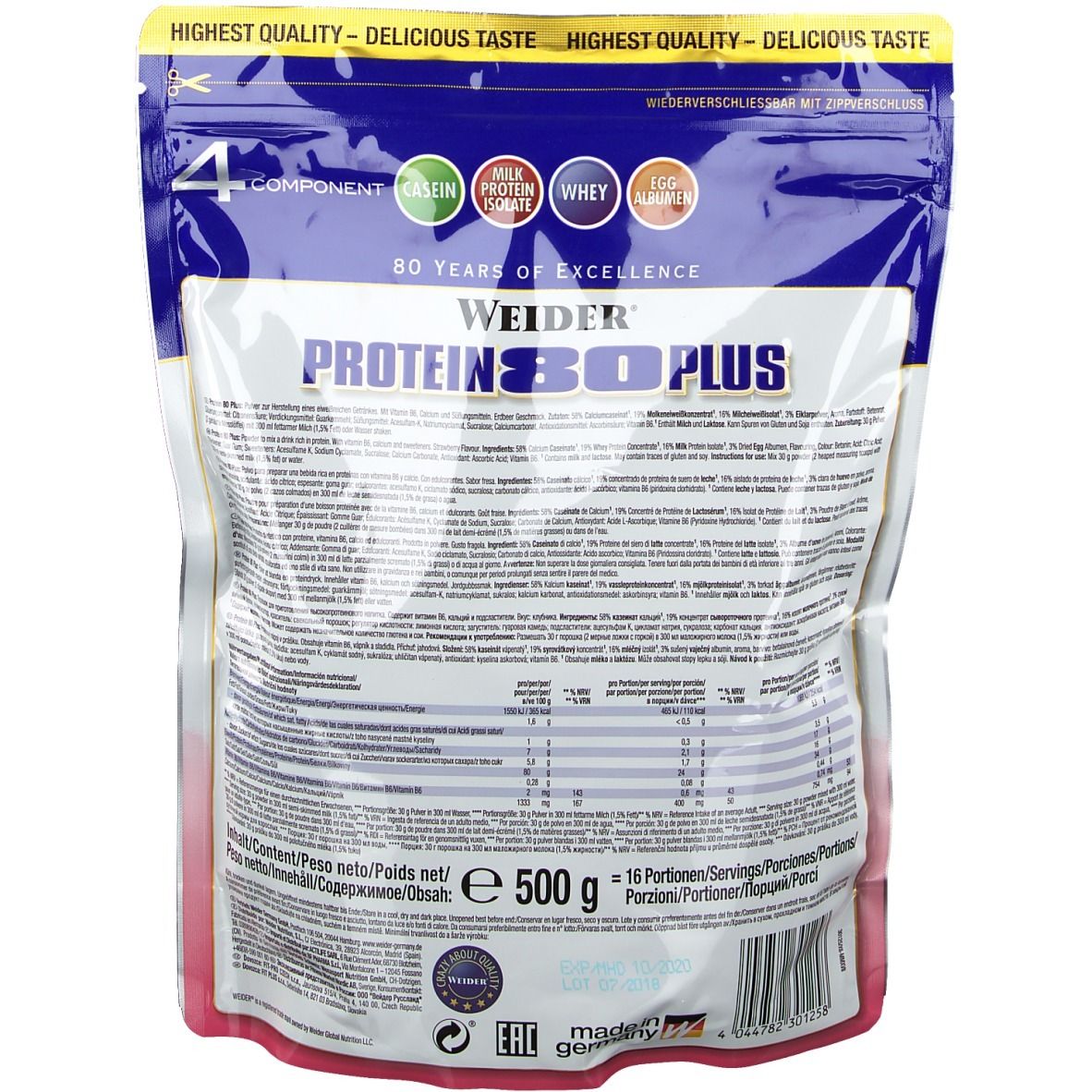Rückseite des Weider Protein 80 Plus Beutels. Enthält Nährwertangaben und Text. Nettogewicht: 500 g. 16 Portionen.