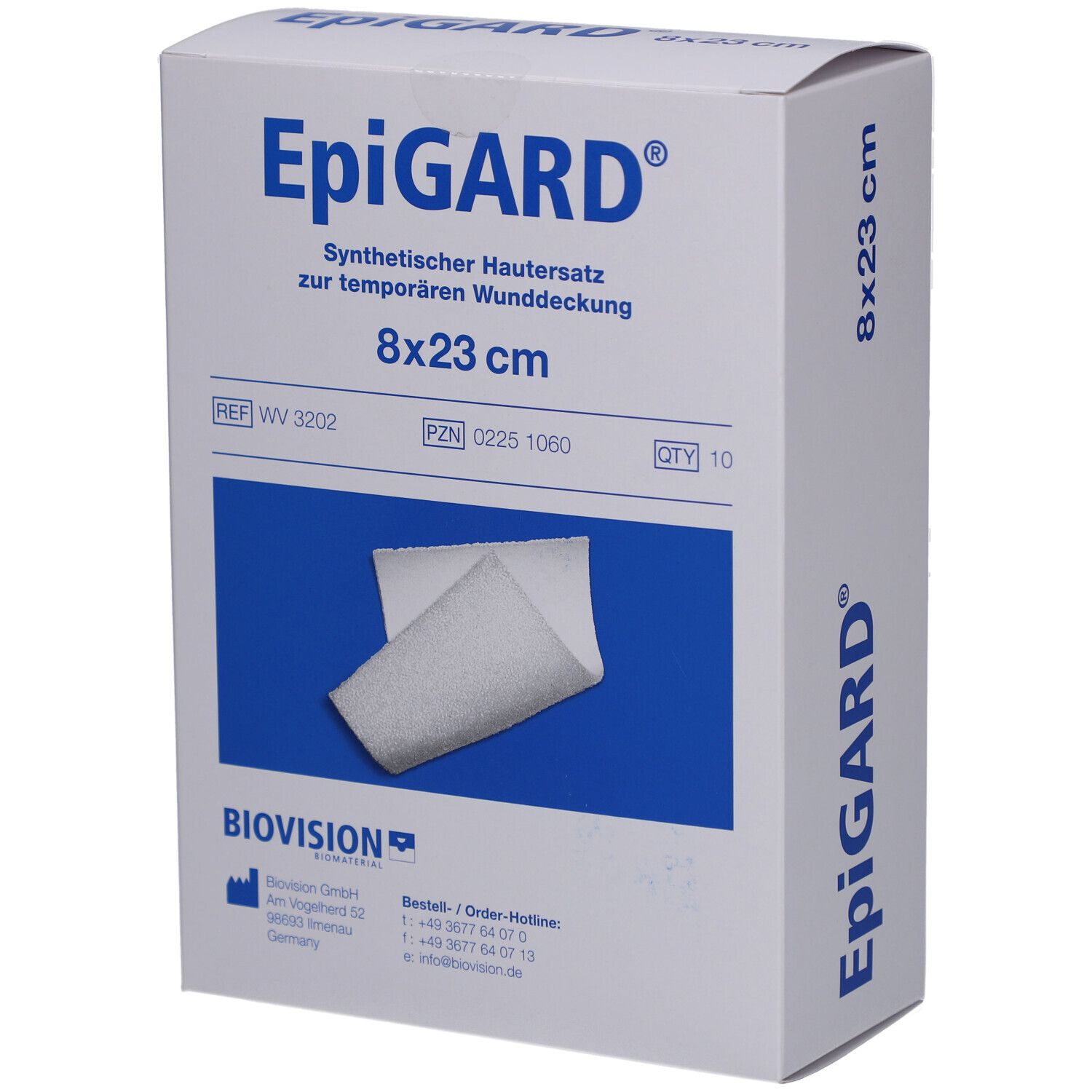Verpackung von EpiGARD, synthetischer Hautersatz, 8x23 cm. Enthält 10 Stück. Marke und Produktinformationen sind aufgedruckt.