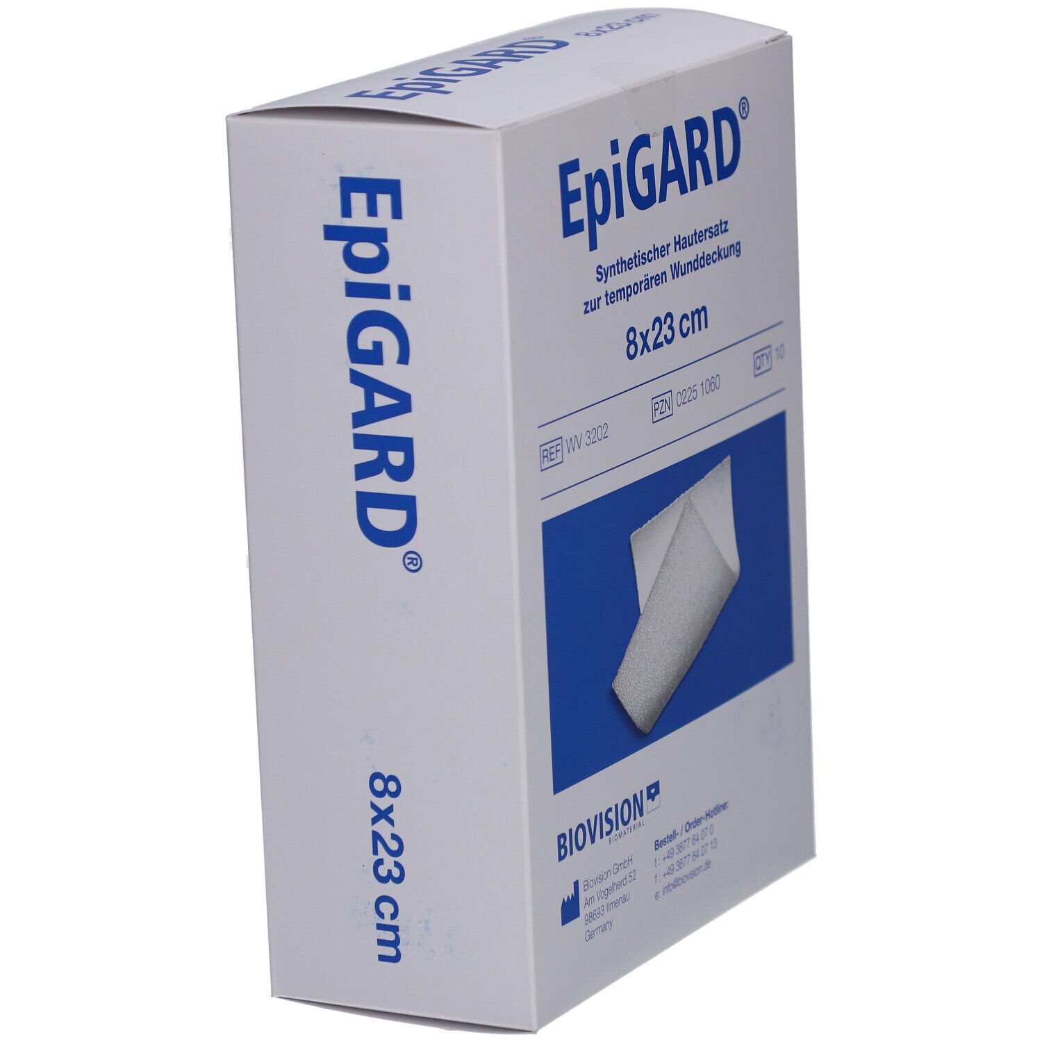 EpiGARD-Verpackung, synthetischer Hautersatz, 8x23 cm. Die Box ist weiß mit blauer Schrift und einem Produktbeispiel.