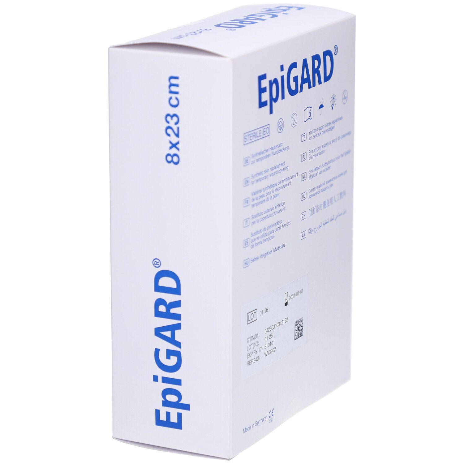 EpiGARD-Verpackung, 8x23 cm. Weiße Box mit blauer Schrift. Steril-Symbol und Produktinformationen.