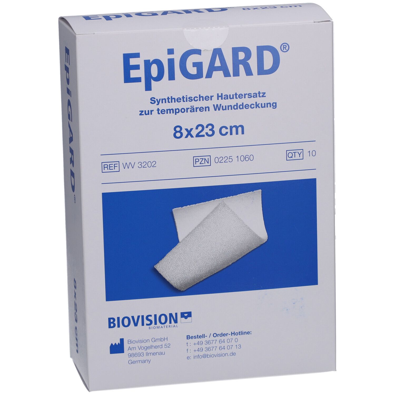 EpiGARD-Verpackung, synthetischer Hautersatz, 8x23 cm. Enthält 10 Stück. Marke und Produktinformationen sind aufgedruckt.