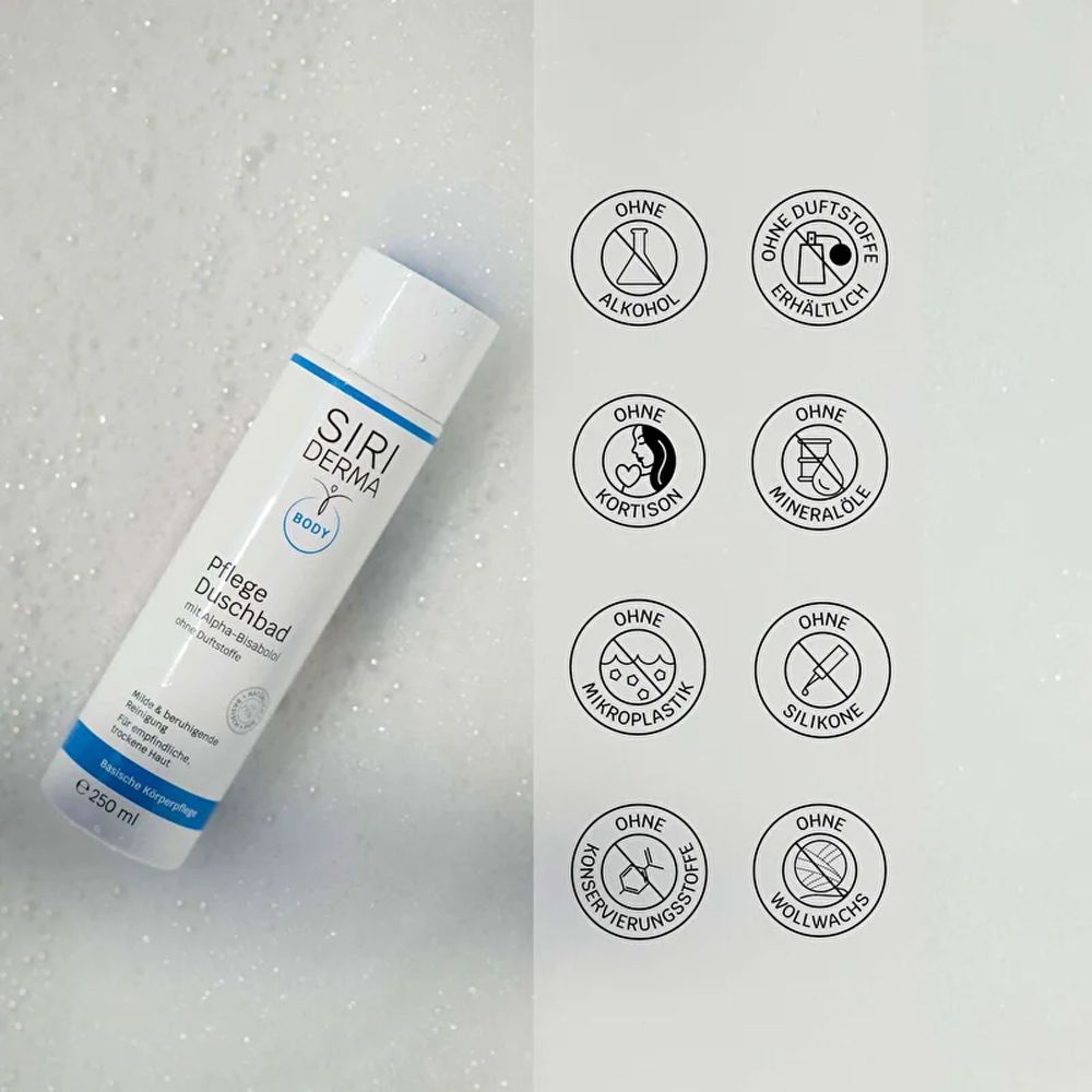 SIRIDERMA Pflege-Duschbad-Flasche neben Symbolen: Ohne Alkohol, Duftstoffe, Kortison, Mineralöle, Mikroplastik, Silikone, Konservierungsstoffe, Wollwachs.