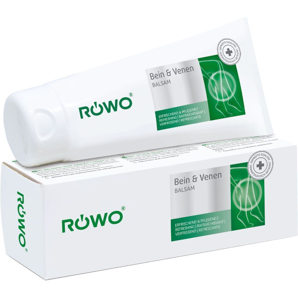 Röwo Bein- und Venenbalsam Tube und Kartonverpackung mit Venensymbol.