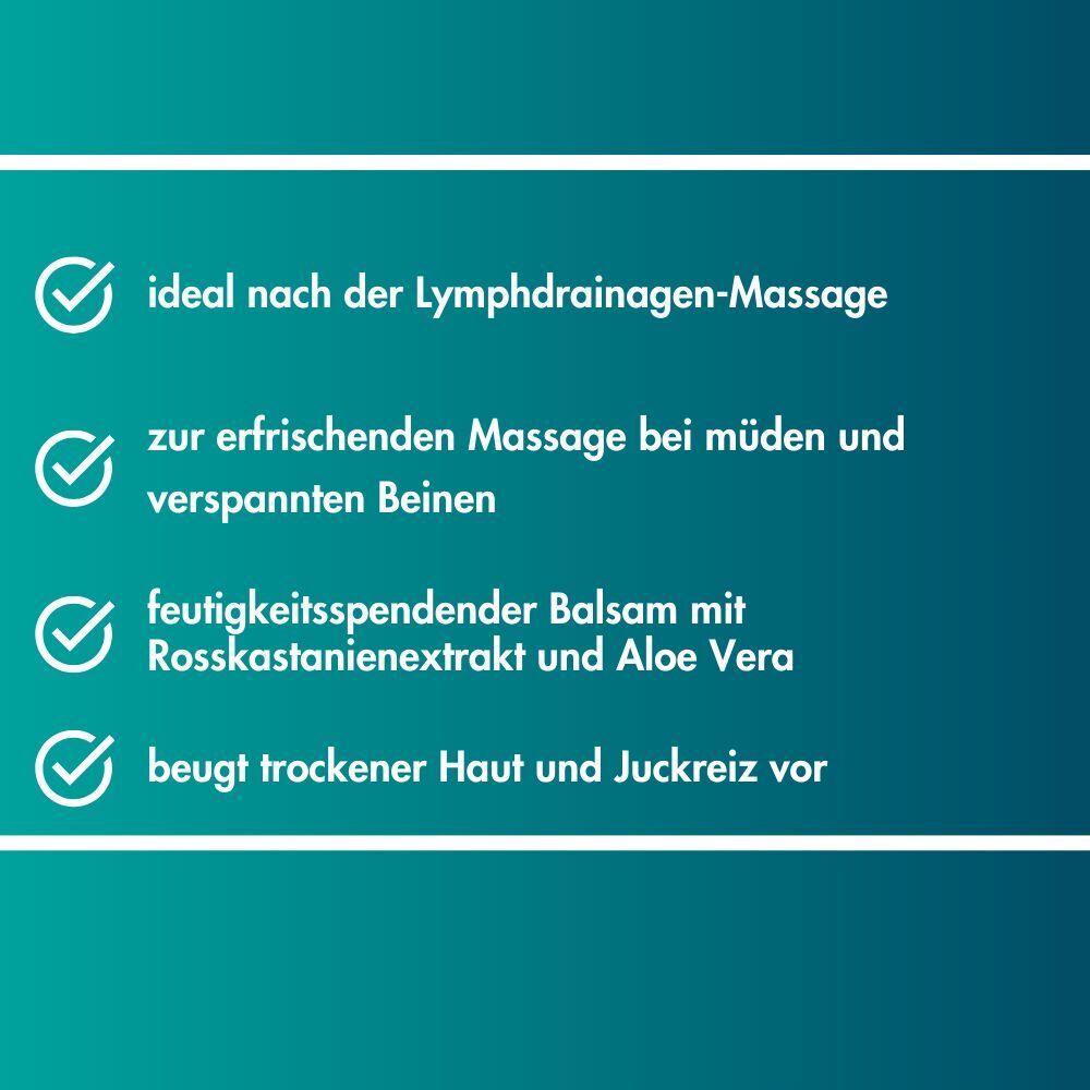 Liste mit Vorteilen: Lymphdrainage, müde Beine, feuchtigkeitsspendend, Rosskastanie, Aloe Vera.