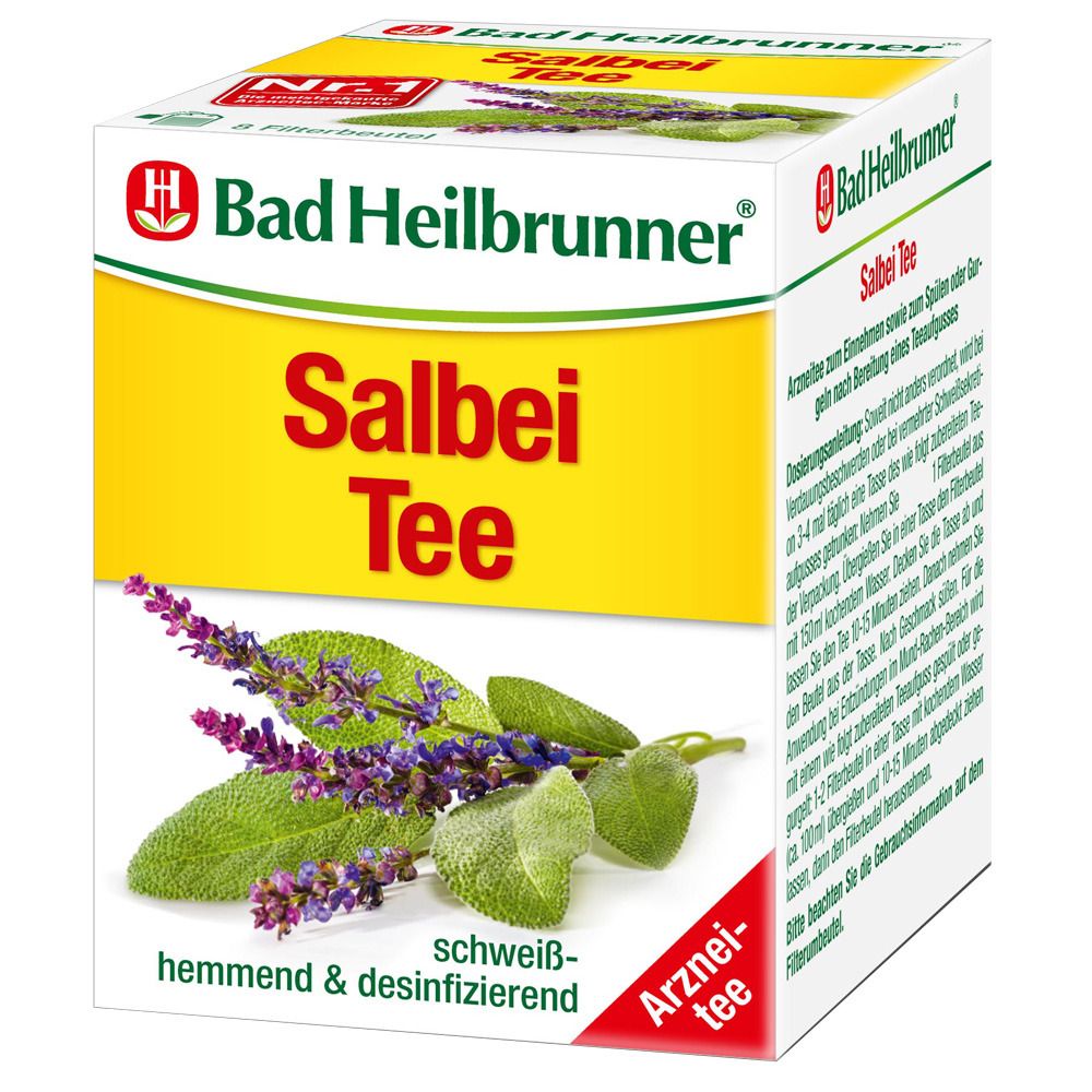 Verpackung von Bad Heilbrunner Salbei Tee. Gelber Karton mit Produktnamen und Salbei-Abbildung. Text: hemmend & desinfizierend.