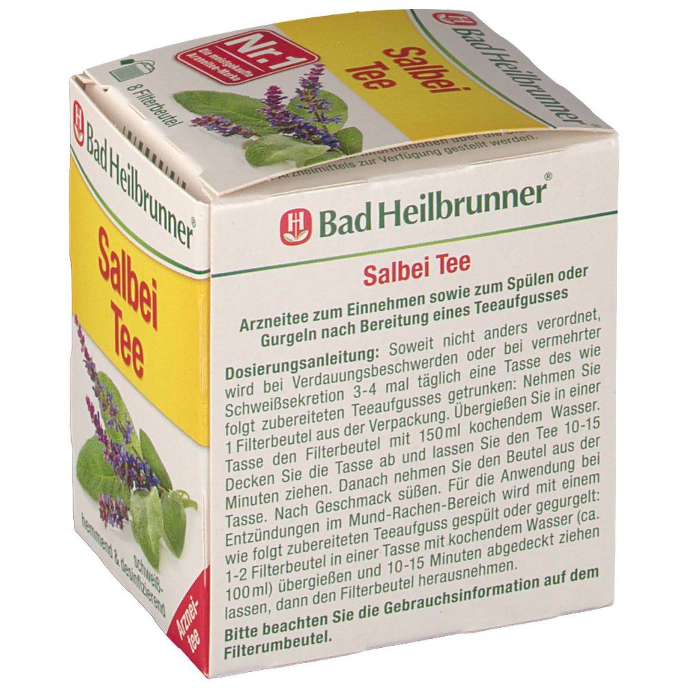 Schrägansicht der Bad Heilbrunner Salbei Tee Verpackung. Gelber Karton mit Produktnamen und Salbei-Abbildung. Text: hemmend & desinfizierend.