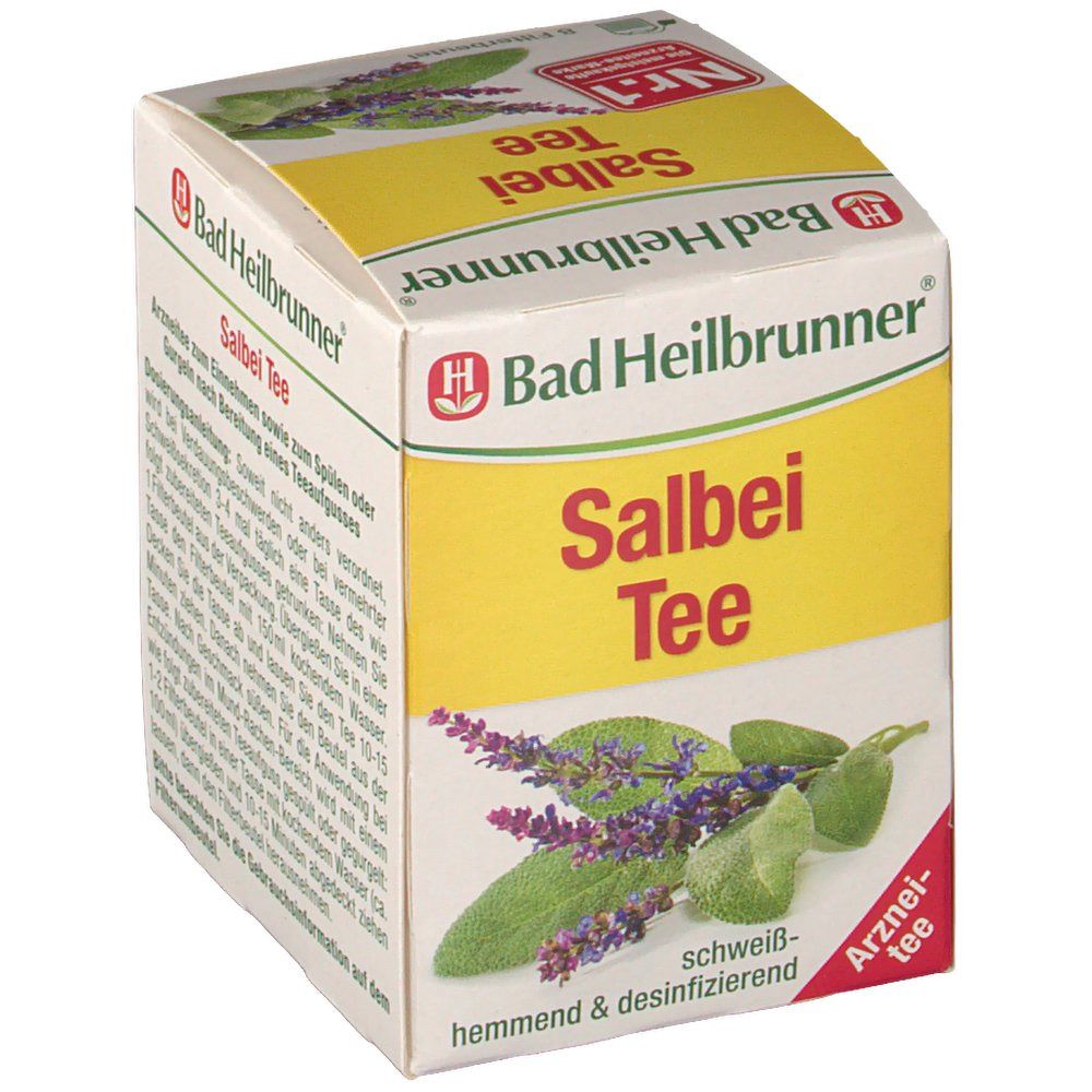 Schrägansicht der Bad Heilbrunner Salbei Tee Verpackung. Gelber Karton mit Produktnamen und Salbei-Abbildung. Text: hemmend & desinfizierend.