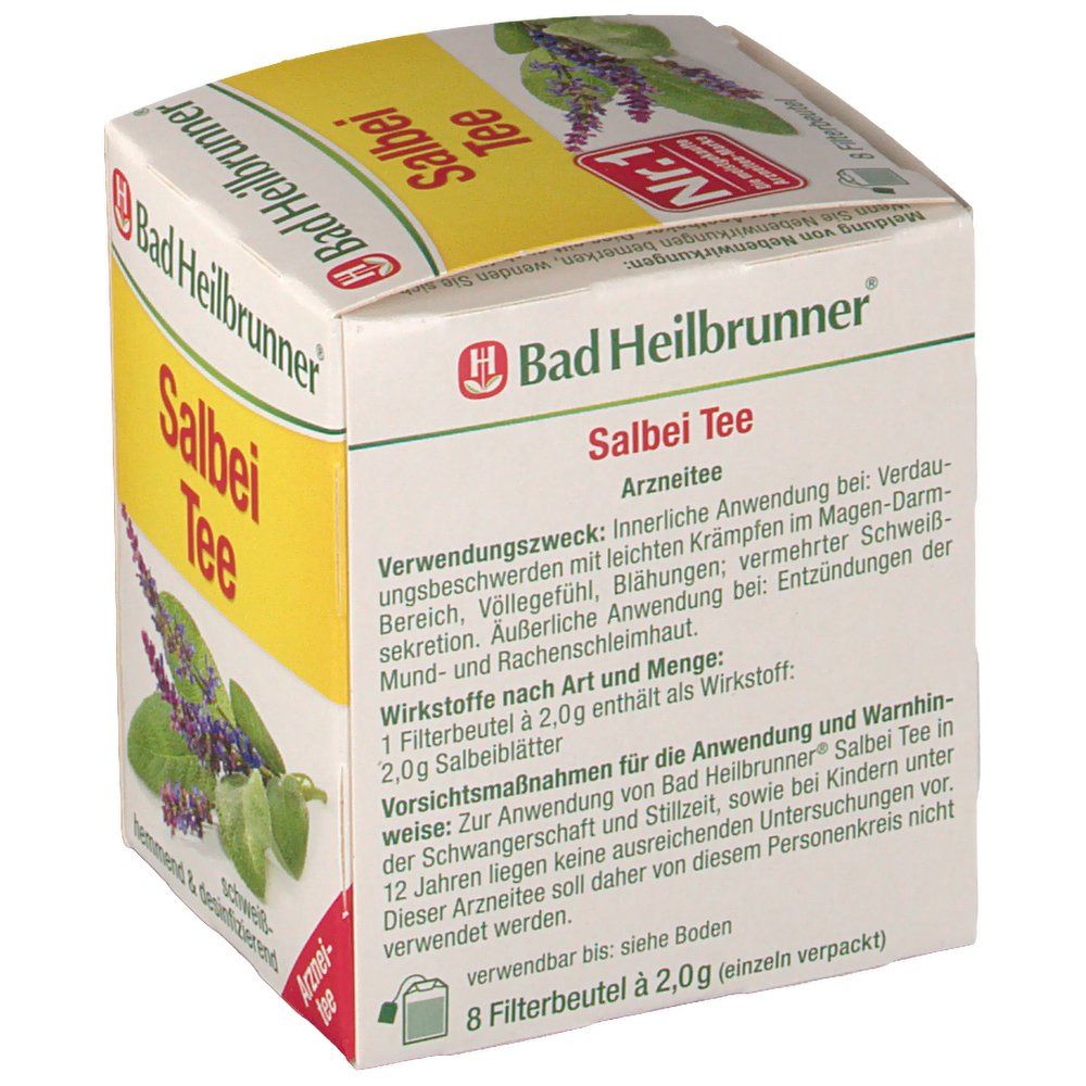 Bad Heilbrunner Salbei Tee Verpackung. Gelber Karton mit Produktnamen und Salbei-Abbildung. Text: hemmend & desinfizierend. 8 Filterbeutel.